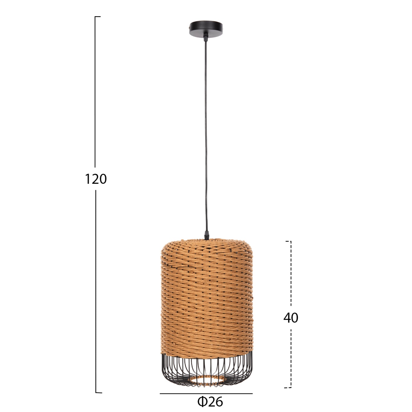 CEILING PENDANT LAMP HM4340 SAND BEIGE PAPER ROPE-BLACK METAL FRAME Φ26x40-120Hcm.