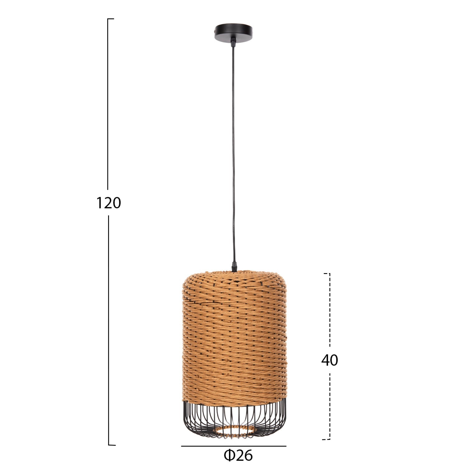 CEILING PENDANT LAMP HM4340 SAND BEIGE PAPER ROPE-BLACK METAL FRAME Φ26x40-120Hcm.