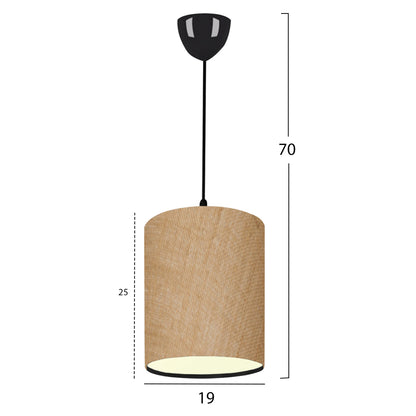PENDANT CEILING LAMP HM7623.01 BLACK PILLAR, SAND-COLORED JUTE FABRIC DRUM SHADE