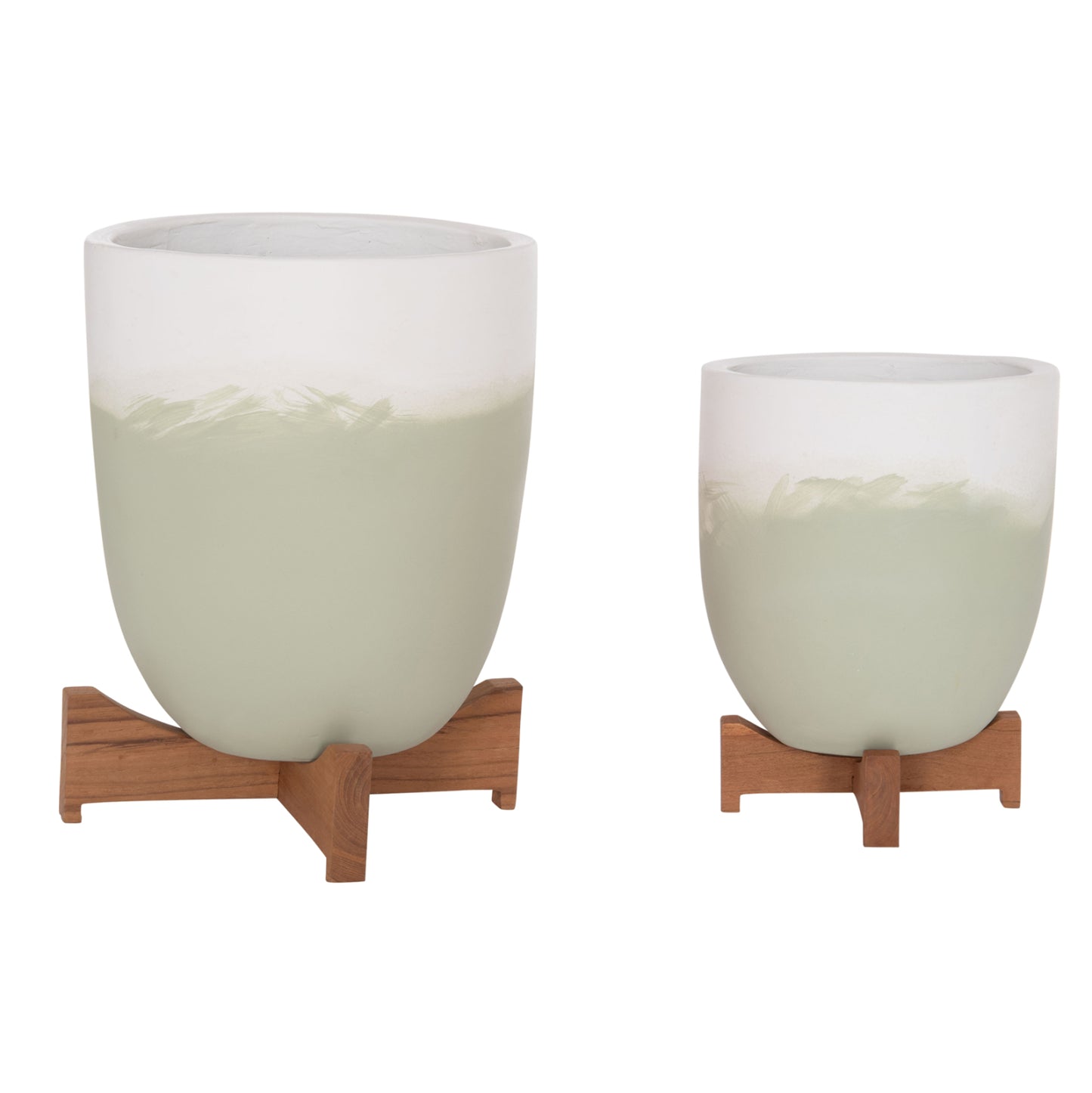 PLANTERS (POTS) 2PCS SET SEON HM4686.09 TERRACOTTA IN WHITE & GREEN--TEAK STANDS