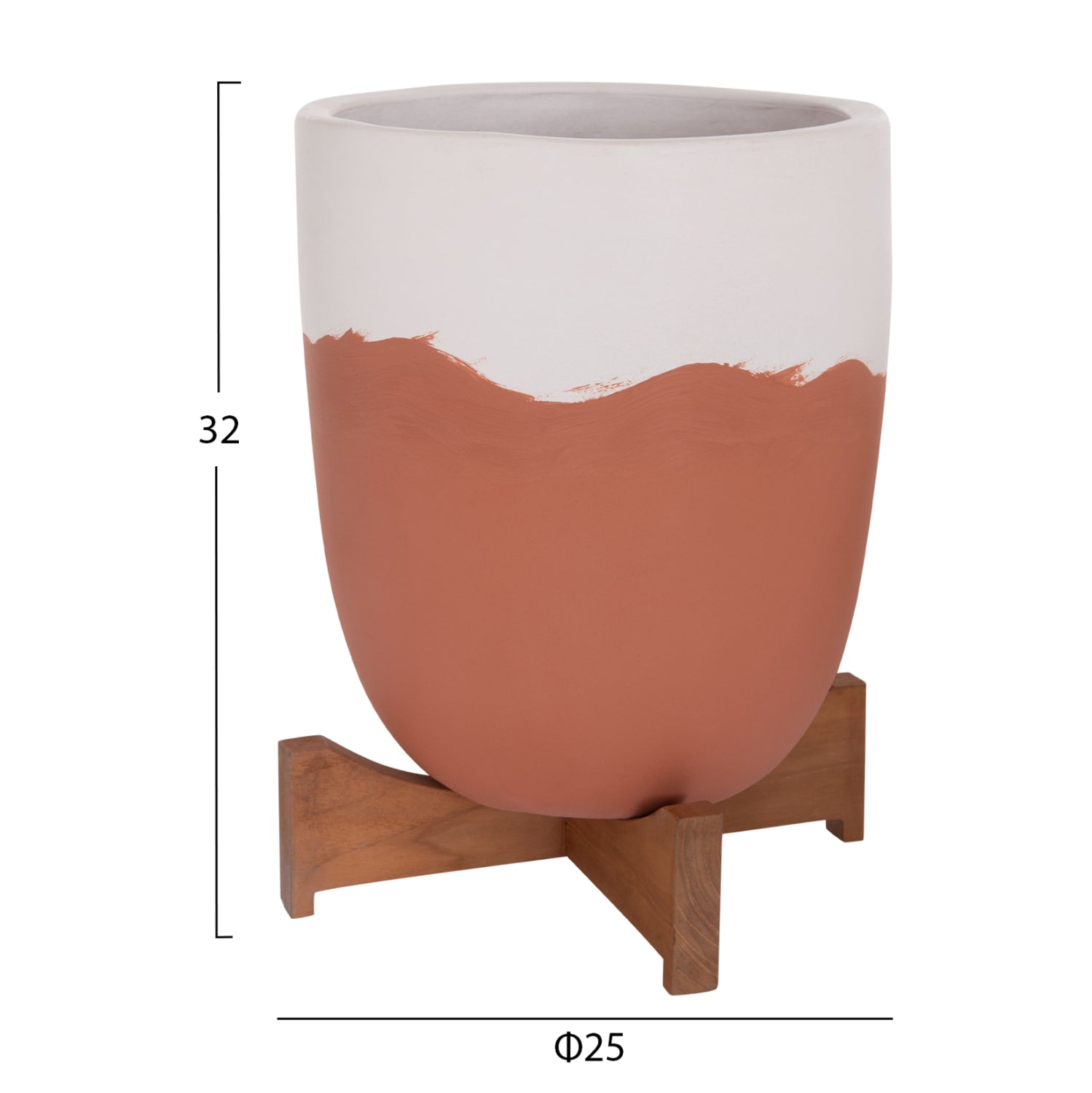 PLANTERS (POTS) 2PCS SET SEON HM4686.08 TERRACOTTA IN WHITE & TERRACOTTA--TEAK STANDS