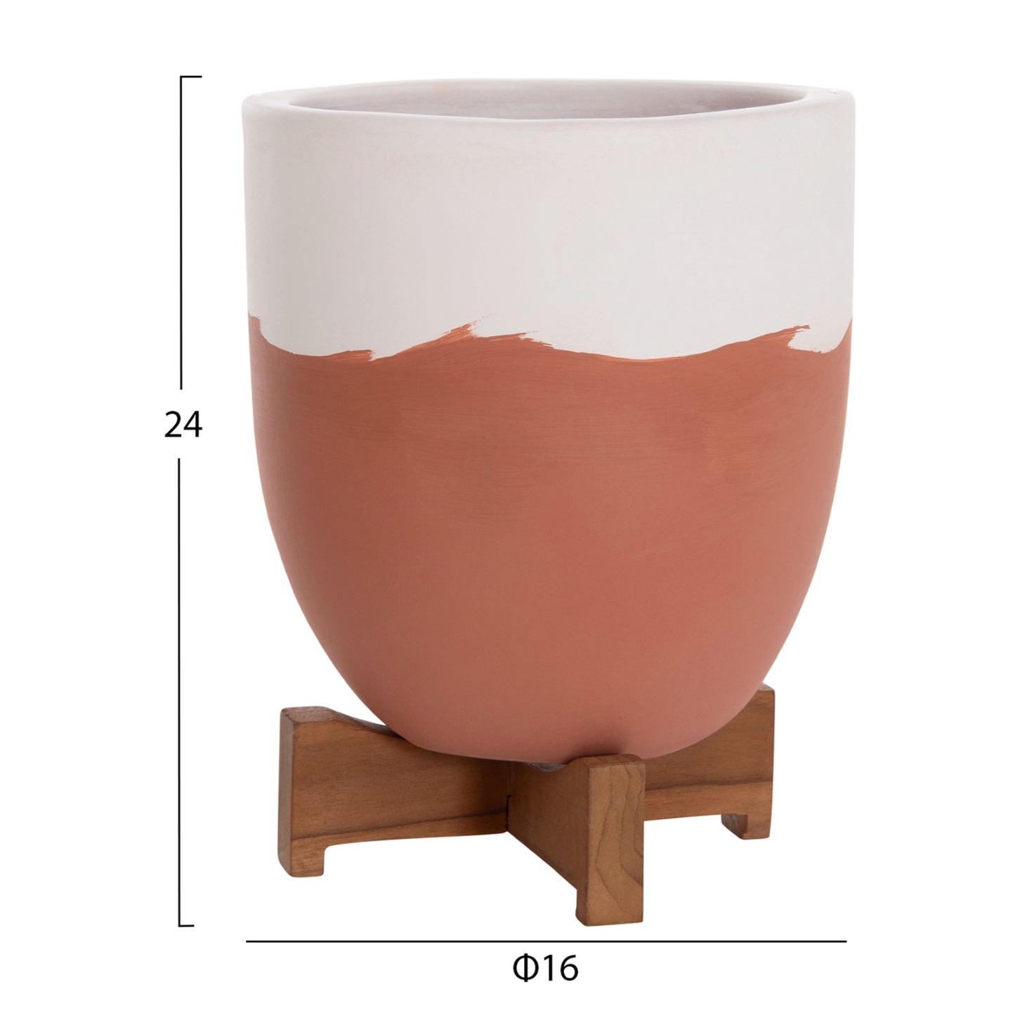 PLANTERS (POTS) 2PCS SET SEON HM4686.08 TERRACOTTA IN WHITE & TERRACOTTA--TEAK STANDS