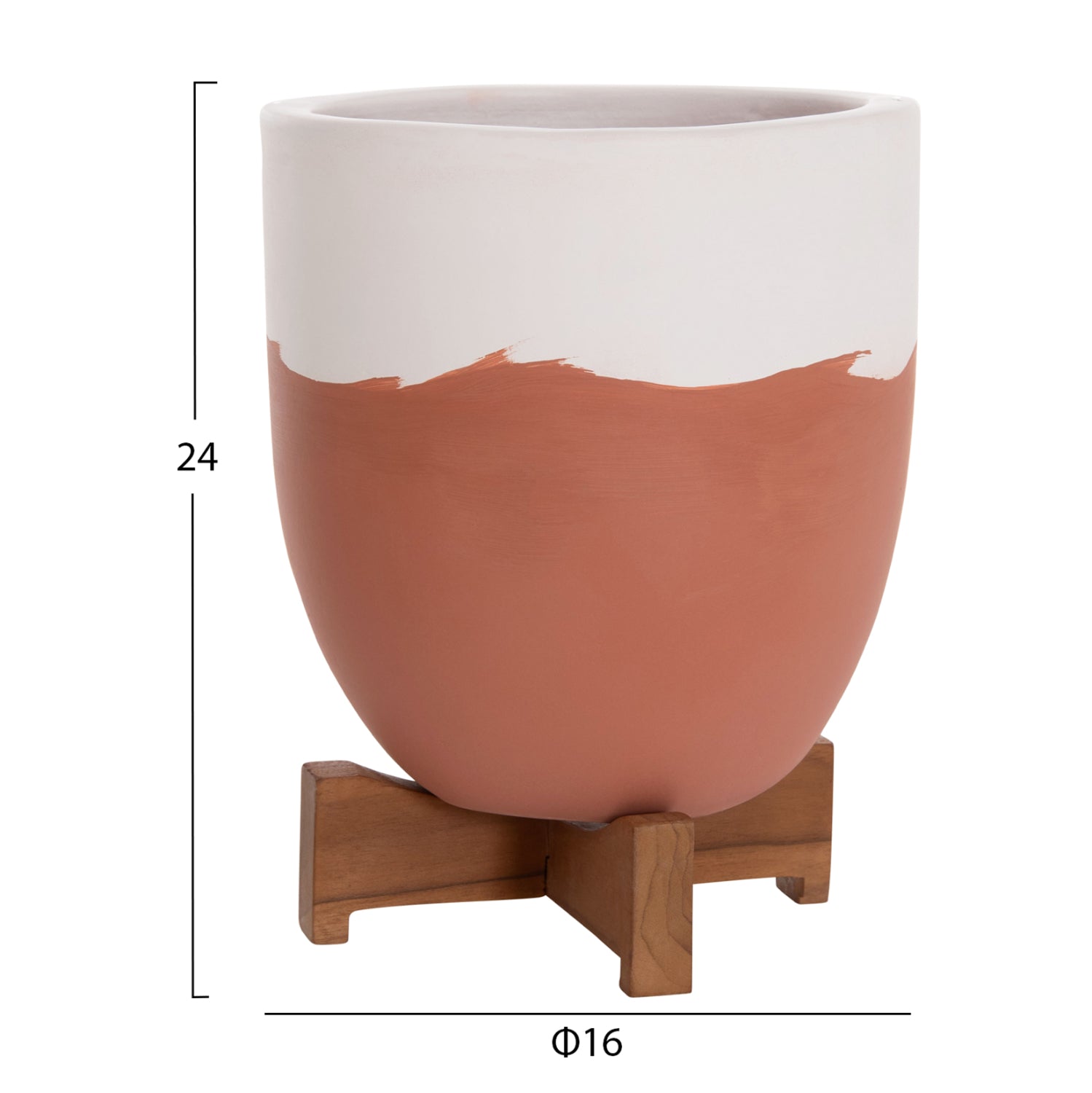 PLANTERS (POTS) 2PCS SET SEON HM4686.08 TERRACOTTA IN WHITE & TERRACOTTA--TEAK STANDS