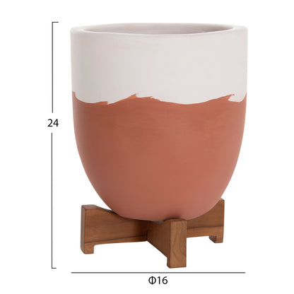 PLANTERS (POTS) 2PCS SET SEON HM4686.08 TERRACOTTA IN WHITE & TERRACOTTA--TEAK STANDS