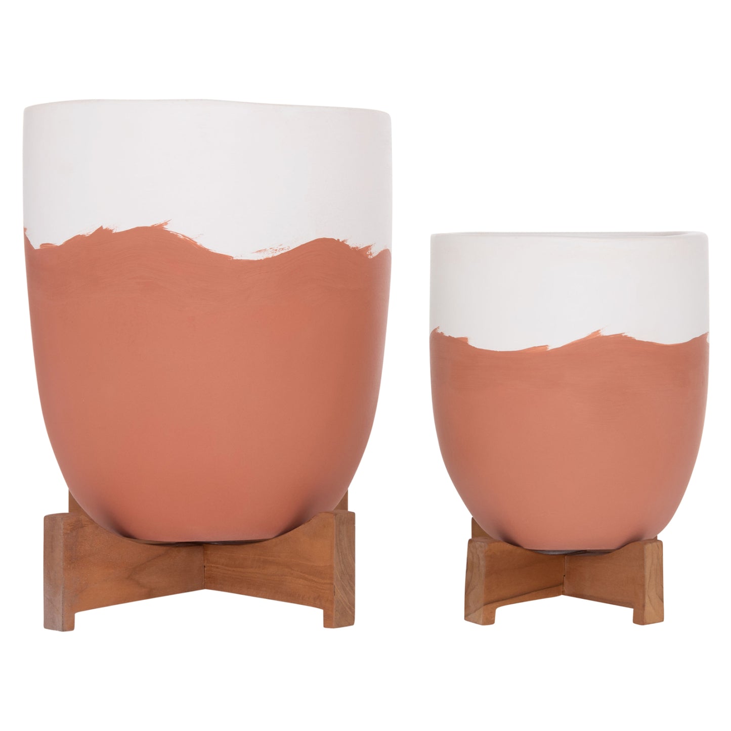 PLANTERS (POTS) 2PCS SET SEON HM4686.08 TERRACOTTA IN WHITE & TERRACOTTA--TEAK STANDS