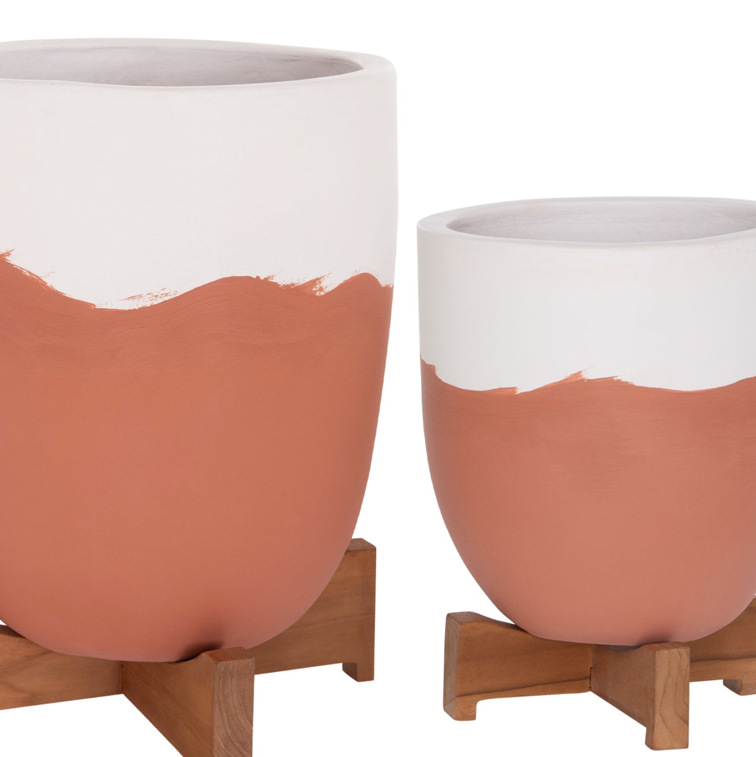 PLANTERS (POTS) 2PCS SET SEON HM4686.08 TERRACOTTA IN WHITE & TERRACOTTA--TEAK STANDS