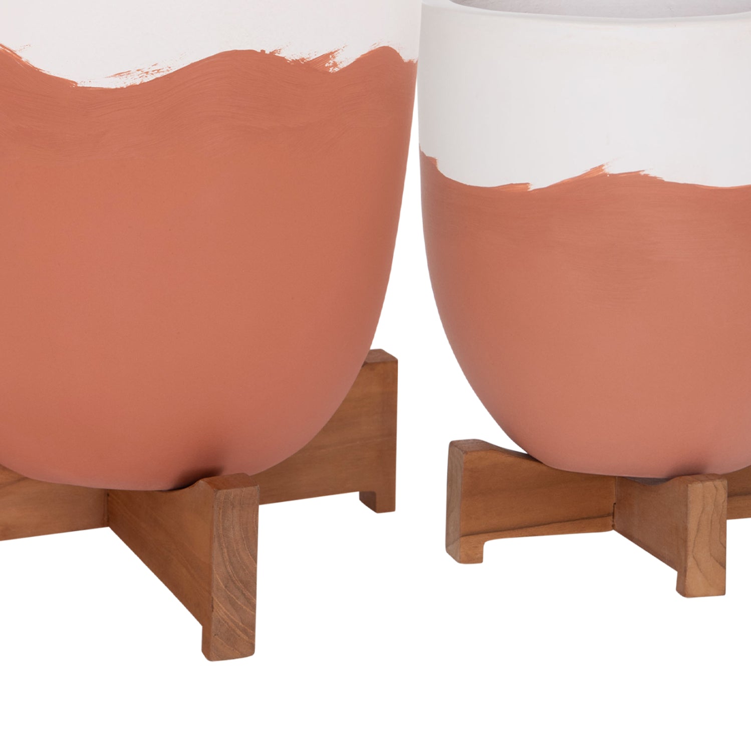 PLANTERS (POTS) 2PCS SET SEON HM4686.08 TERRACOTTA IN WHITE & TERRACOTTA--TEAK STANDS