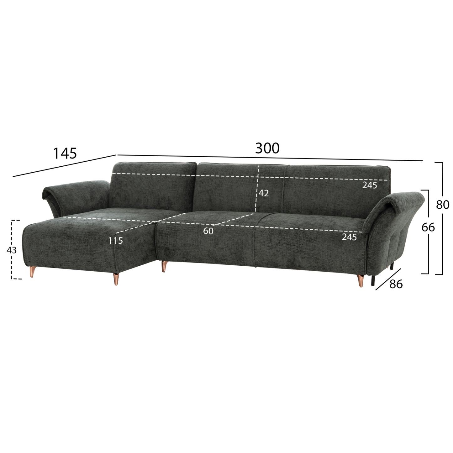CORNER REVERSIBLE SOFA-BED MAILO HM6071.03 GREEN FABRIC-METAL LEGS 300x145x80Hcm.