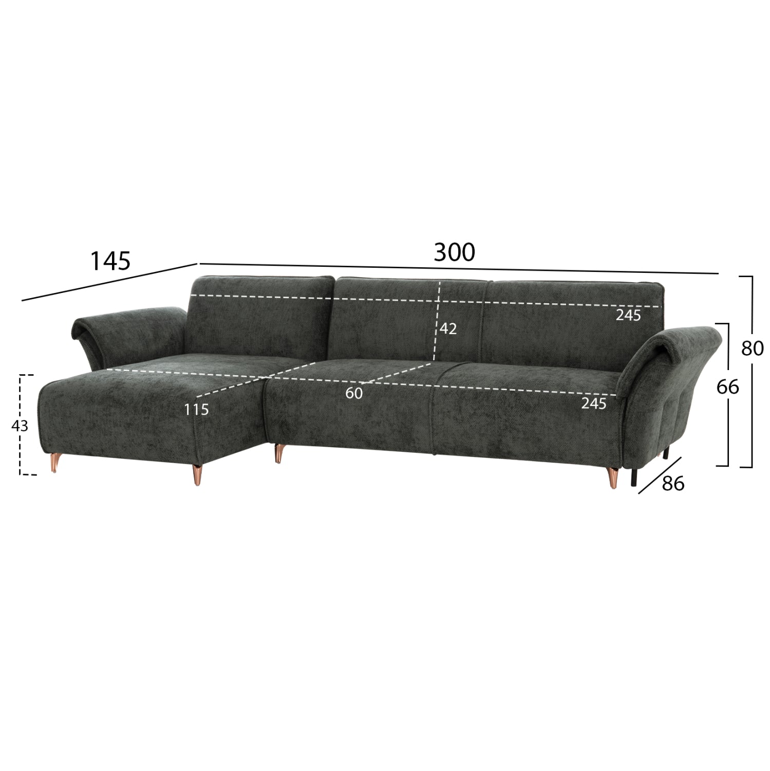 CORNER REVERSIBLE SOFA-BED MAILO HM6071.03 GREEN FABRIC-METAL LEGS 300x145x80Hcm.