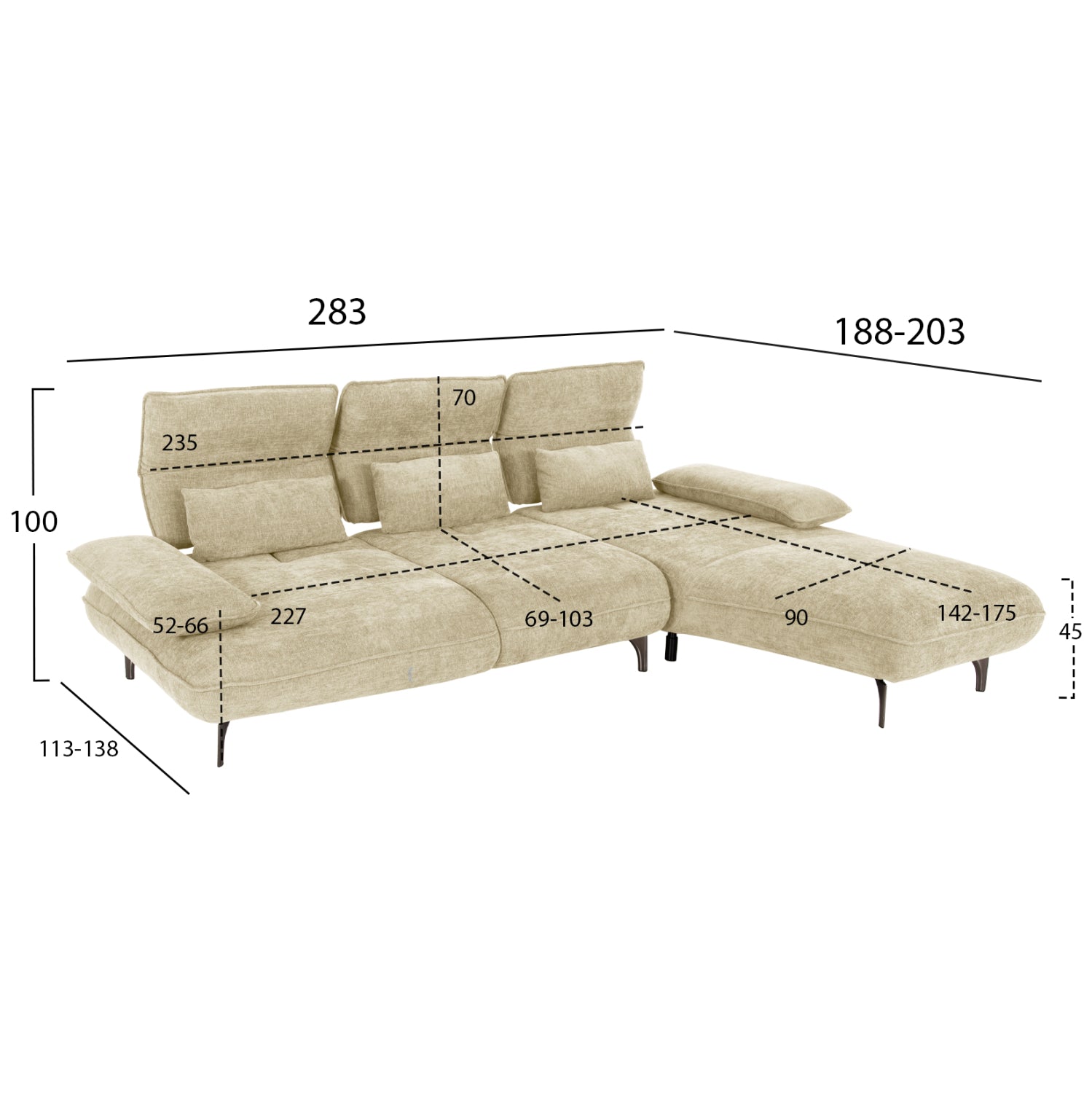 CORNER (RIGHT) SOFA-BED CONVERT HM3268.01R ECRU FABRIC 283x188x100Hcm.