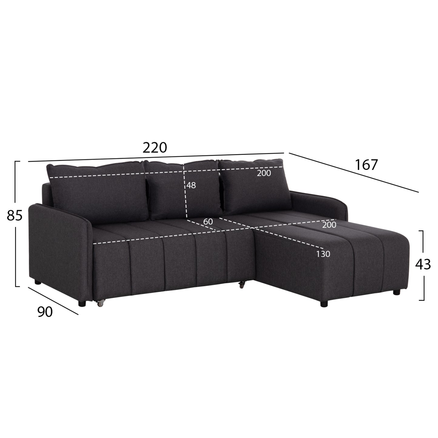 REVERSIBLE CORNER SOFA-BED FREDI HM3312.01 GREY FABRIC 220x167x85Hcm.