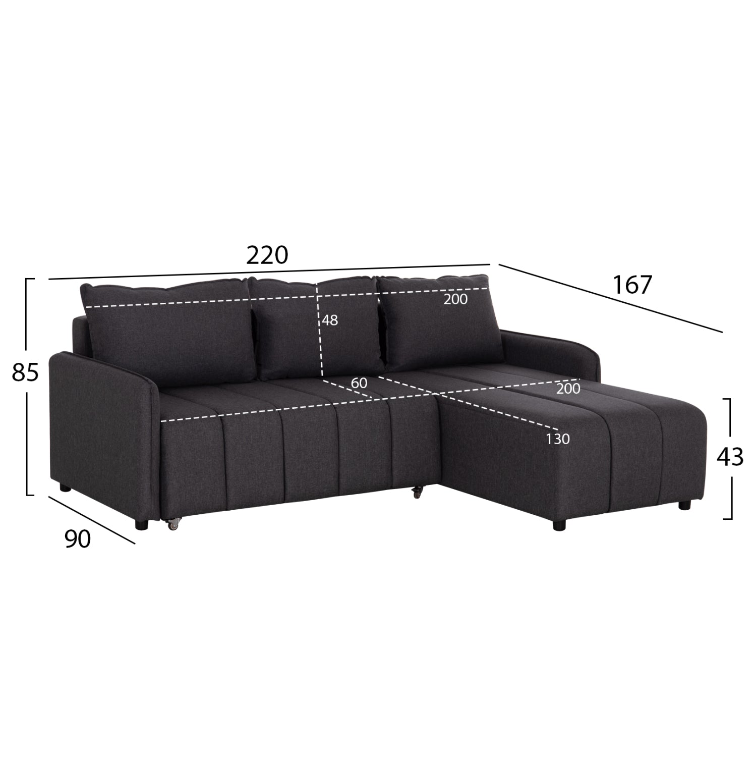 REVERSIBLE CORNER SOFA-BED FREDI HM3312.01 GREY FABRIC 220x167x85Hcm.