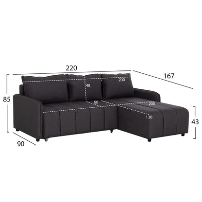 REVERSIBLE CORNER SOFA-BED FREDI HM3312.01 GREY FABRIC 220x167x85Hcm.