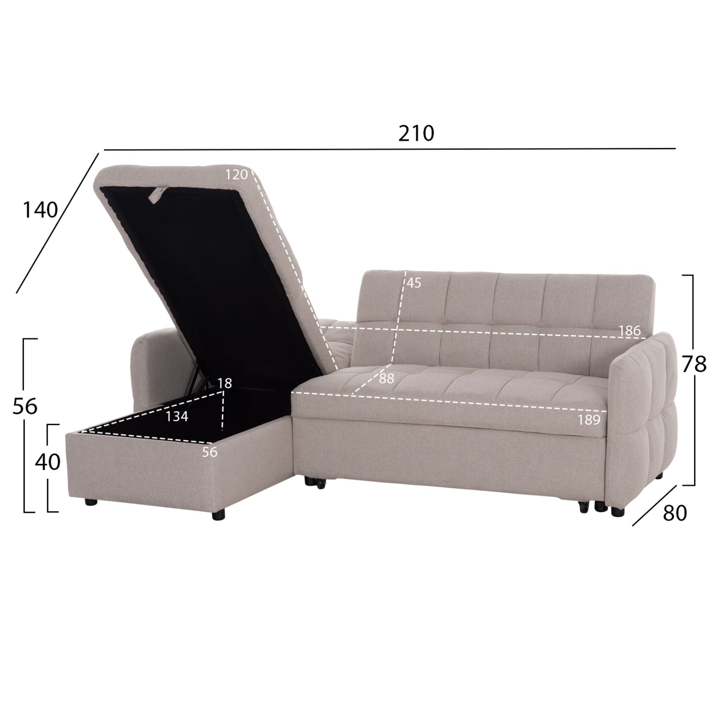CORNER SOFABED REVERSIBLE NEZU HM3294.02 BEIGE FABRIC 210x140x78Hcm.