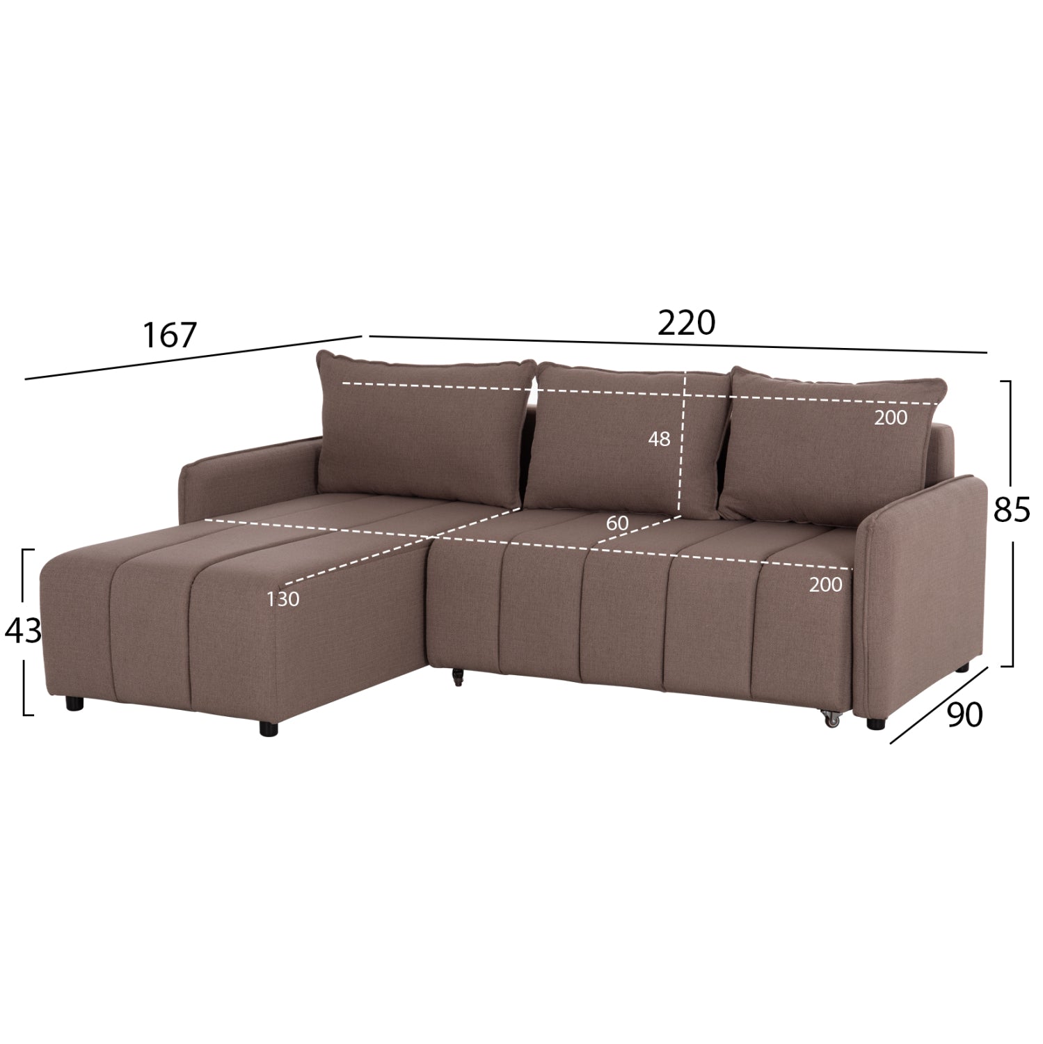 REVERSIBLE CORNER SOFA-BED FREDI HM3312.04 BROWN FABRIC 220x167x85Hcm.