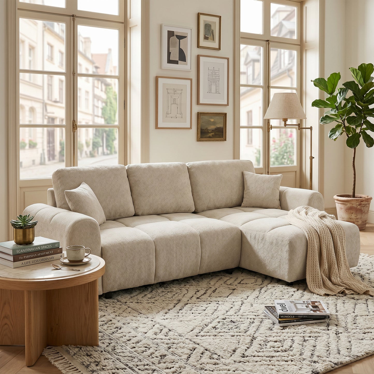 CORNER SOFABED REVERSIBLE GERT HM3349.02 BEIGE CHENILLE FABRIC 252x146x87Hcm.