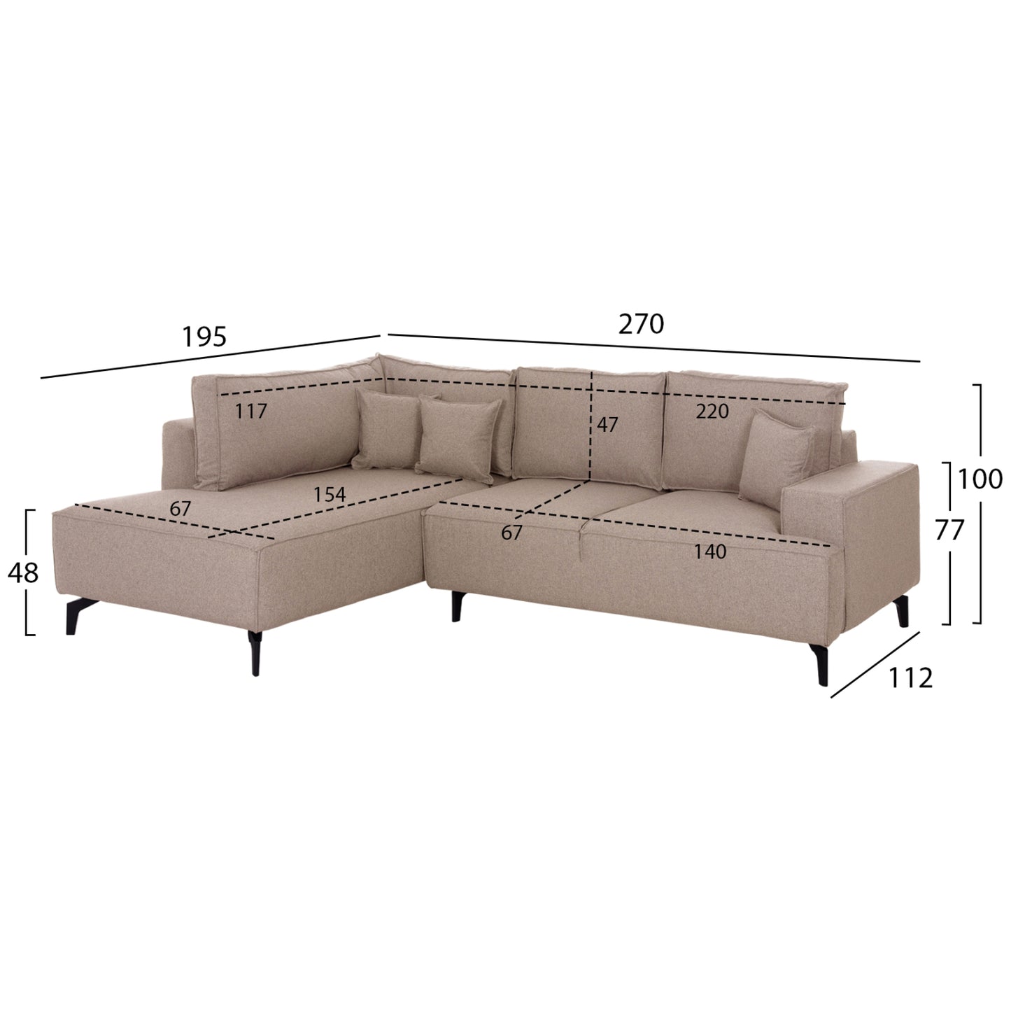 CORNER SOFA-BED WITH STORAGE SPACE SAFFIRA HM3303.03L BEIGE FABRIC 270x195x100Hcm.
