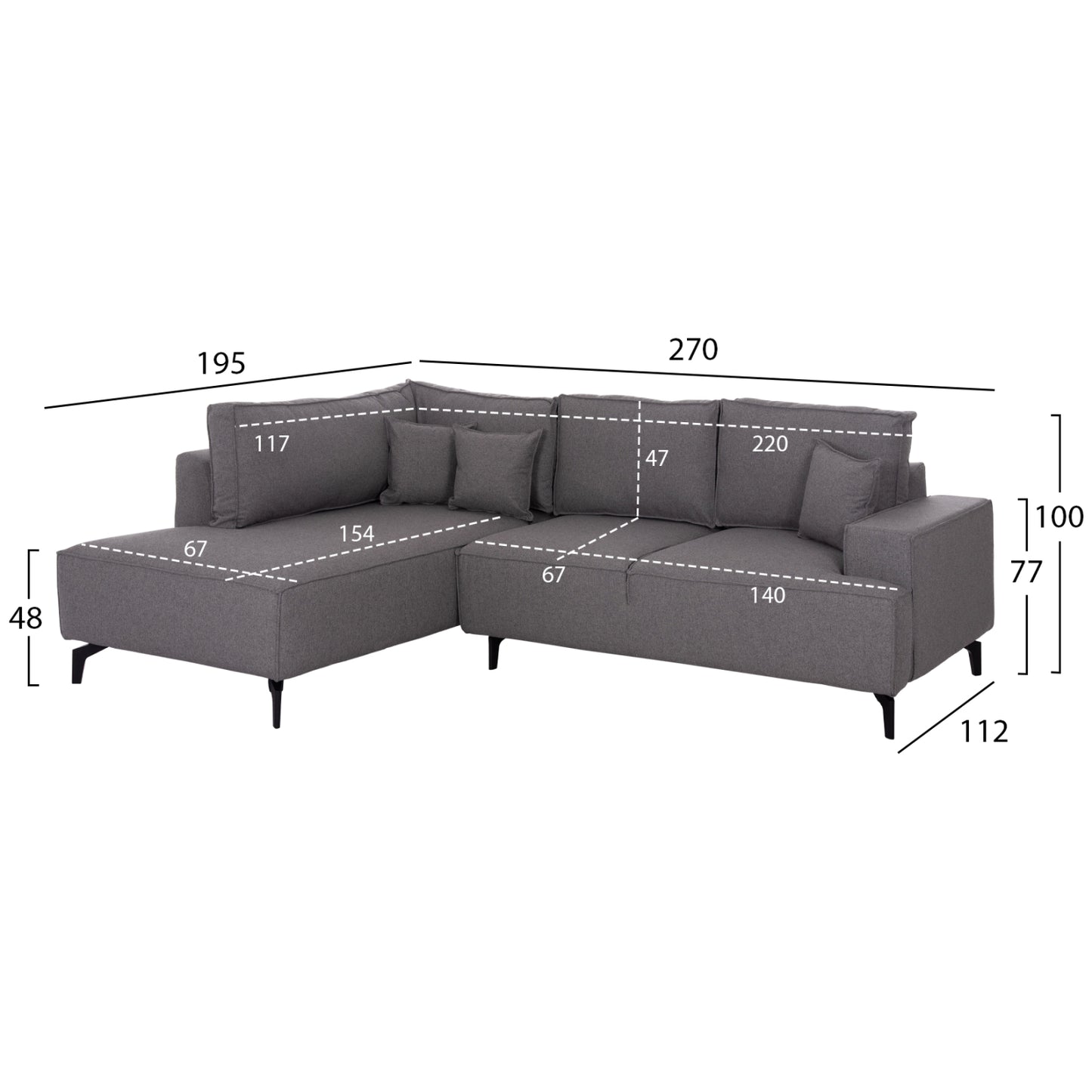 CORNER SOFA-BED WITH STORAGE SPACE SAFFIRA HM3303.01L GREY FABRIC 270x195x100Hcm.