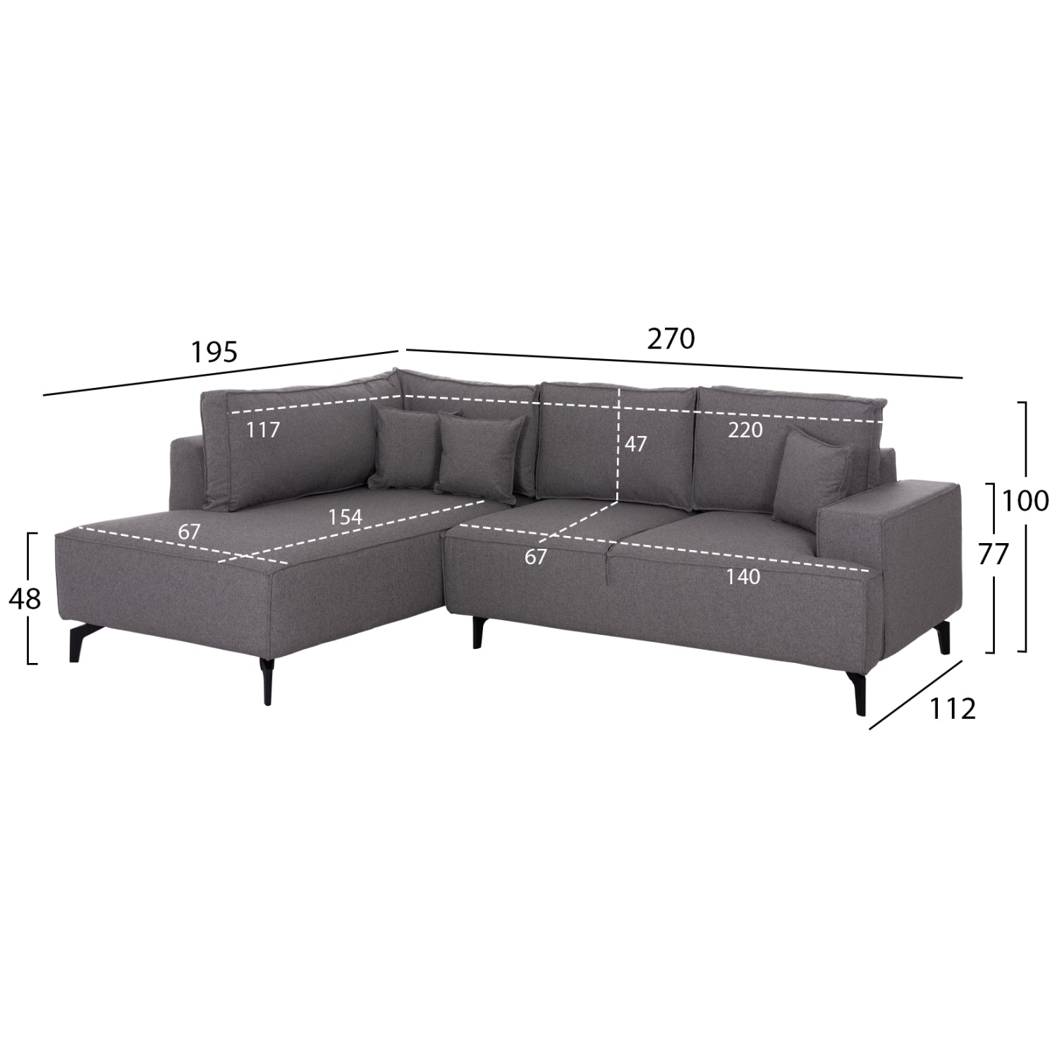 CORNER SOFA-BED WITH STORAGE SPACE SAFFIRA HM3303.01L GREY FABRIC 270x195x100Hcm.