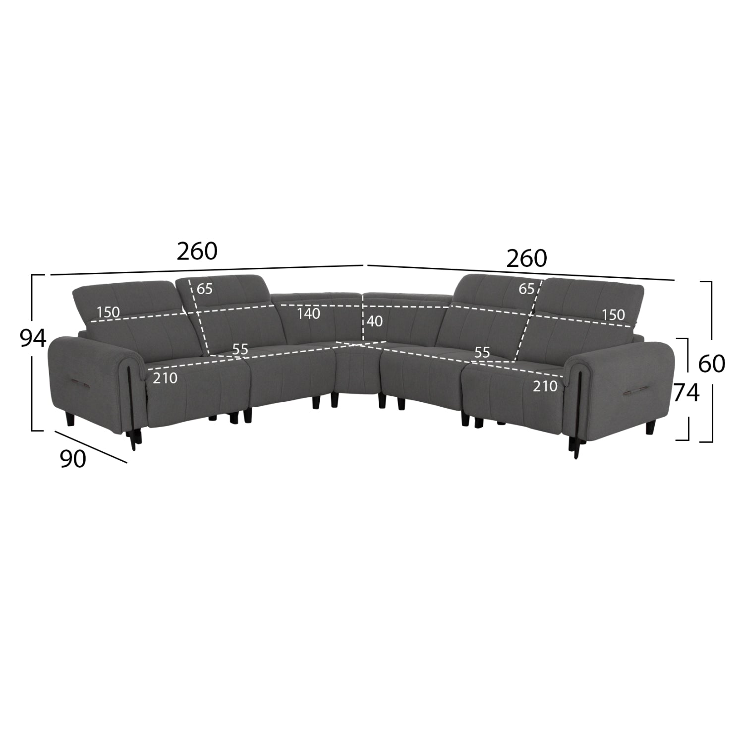 CORNER SOFA WITH 2 RECLINE SEATS ORACLE HM3290.01 GREY FABRIC 260x260x90(seat depth)x94Hcm.