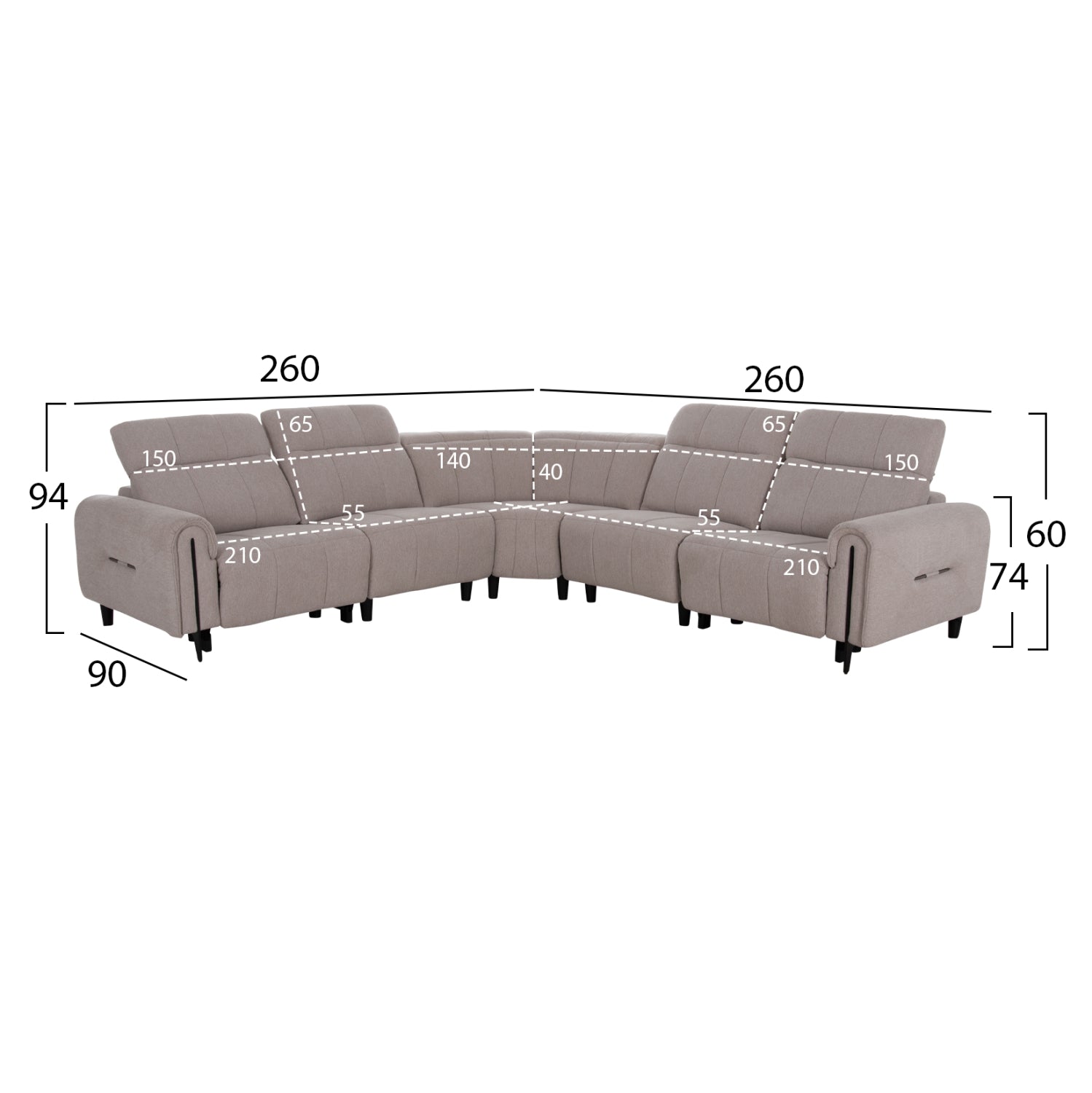 CORNER SOFA WITH 2 RECLINE SEATS ORACLE HM3290.02 BEIGE FABRIC 260x260x90(seat depth)x94Hcm.