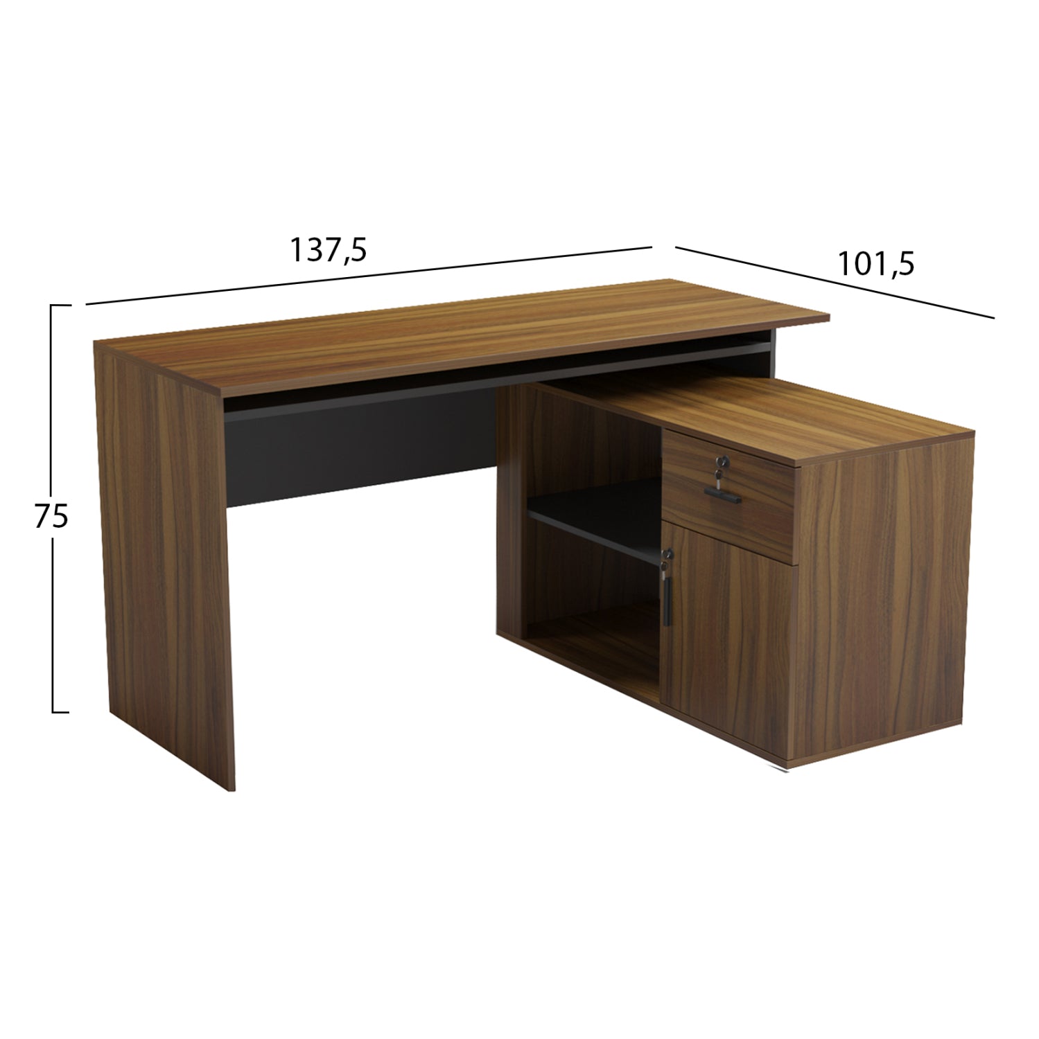 DESK RIGHT CORNER CARNET HM18384.03 MELAMINE IN WALNUT/GREY 138x102x75Hcm.
