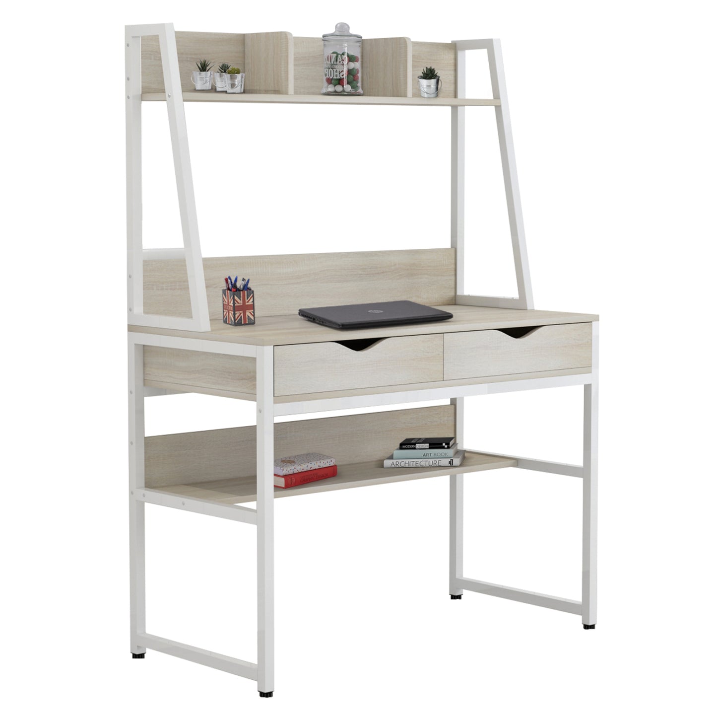 DESK WITH BOOKCASE TANAYA HM2390.13 MELAMINE IN SONAMA & METAL WHITE FRAME 100x48x139H cm.