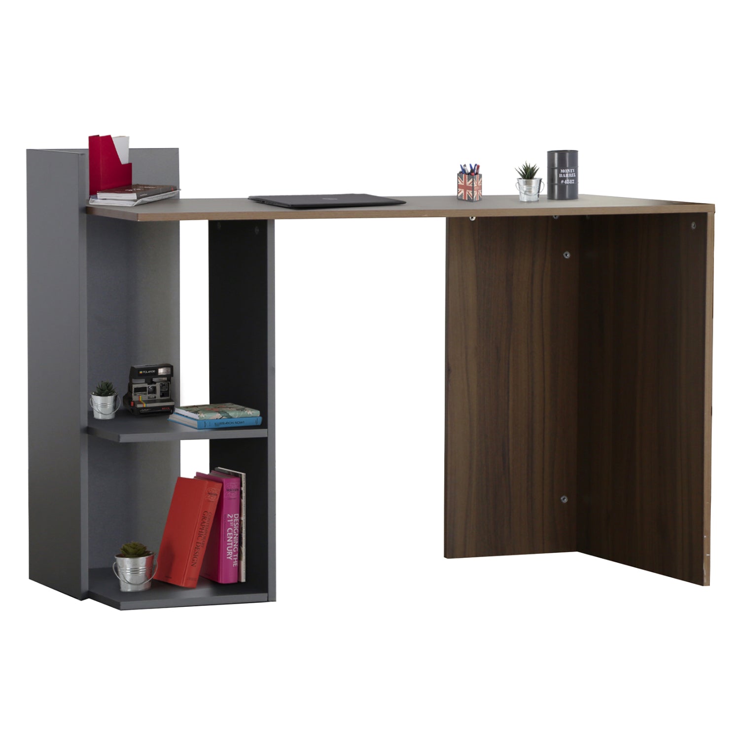MELAMINE DESK WITH SHELVES SYNDYA HM8994.01 WALNUT- GRAY 112x55x85H cm.