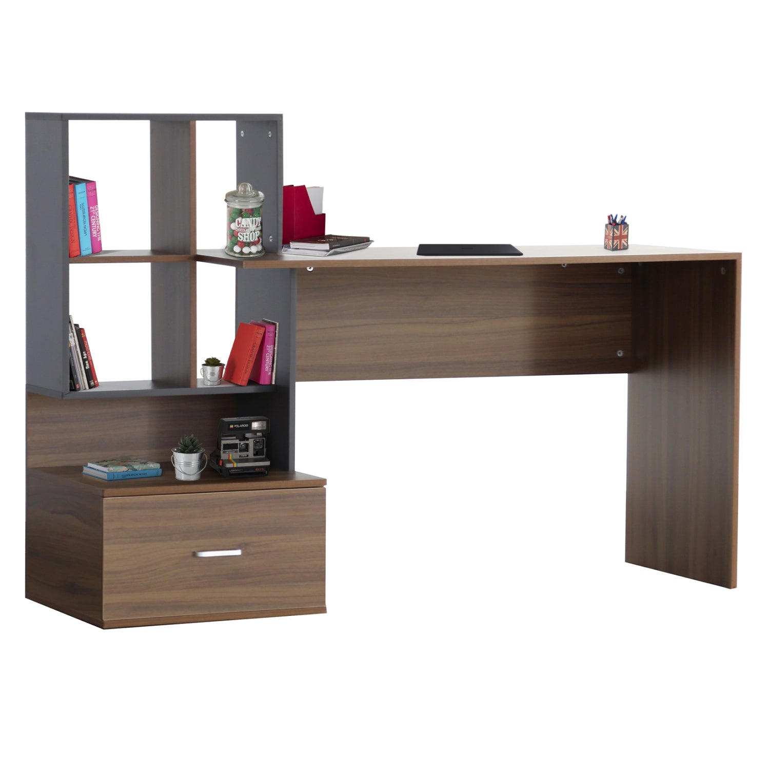 MELAMINE OFFICE WITH BOOKCASE SYNDYA HM8993.01 WALNUT -GRAY 149x48x105Hcm.