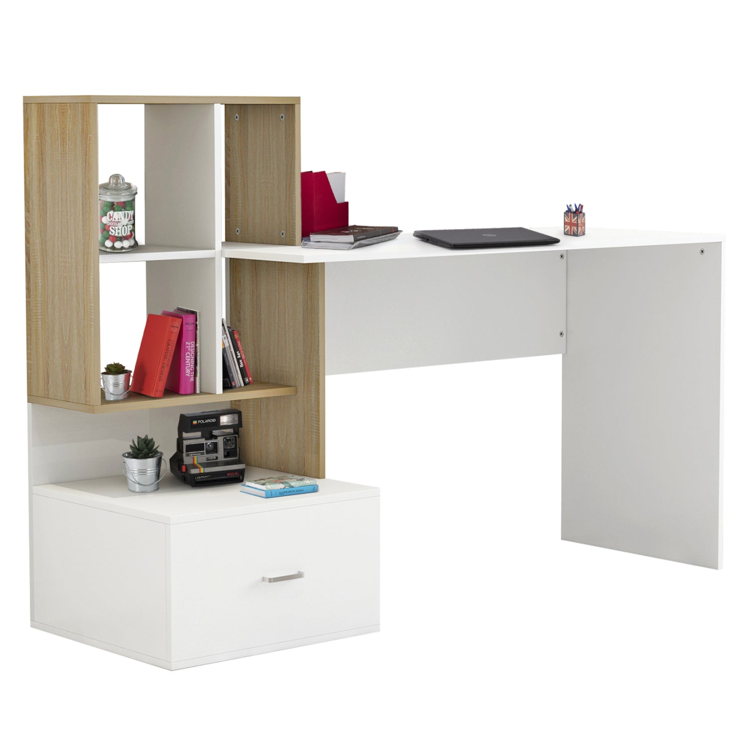 MELAMINE OFFICE WITH BOOKCASE SYNDYA HM8993.02 WHITE SONAMA 149x48x105Y cm.