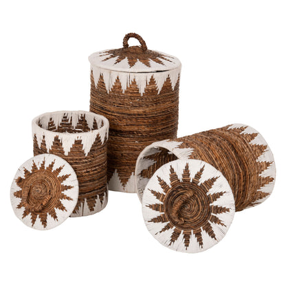 ROUND BASKETS WITH LID 3PCS HM4306 RUSH IN NATURAL-WHITE Φ42x63Hcm.