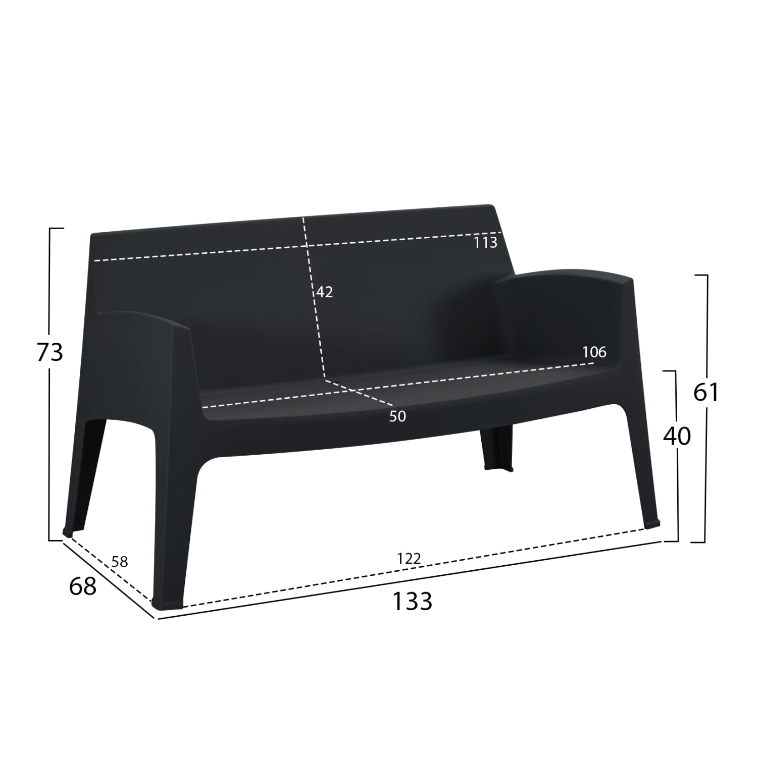POLYPROPYLENE 2-SEATER SOFA SLEEK HM6366.02 BLACK COLOR 133x68x73Hcm.