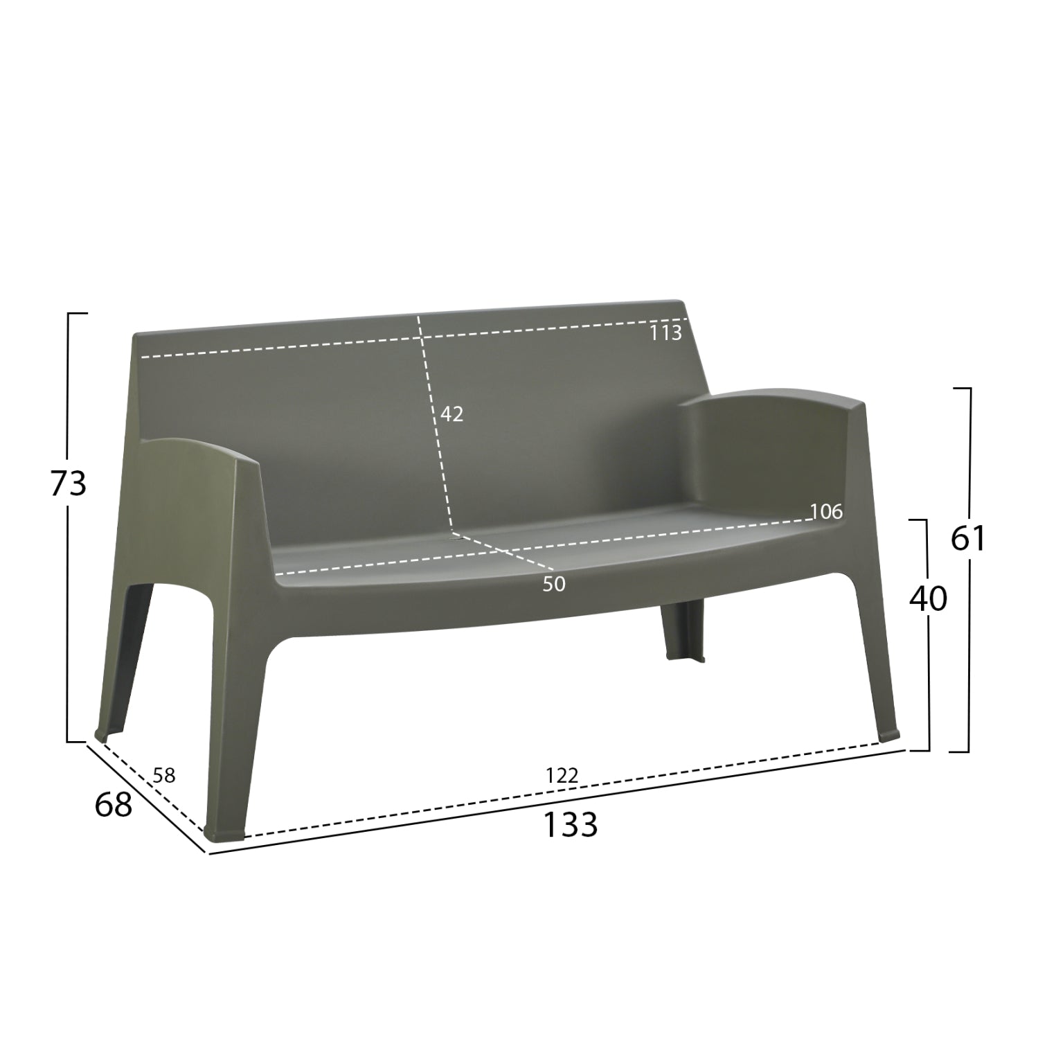 POLYPROPYLENE 2-SEATER SOFA SLEEK HM6366.05 DARK OLIVE COLOR 133x68x73Hcm.