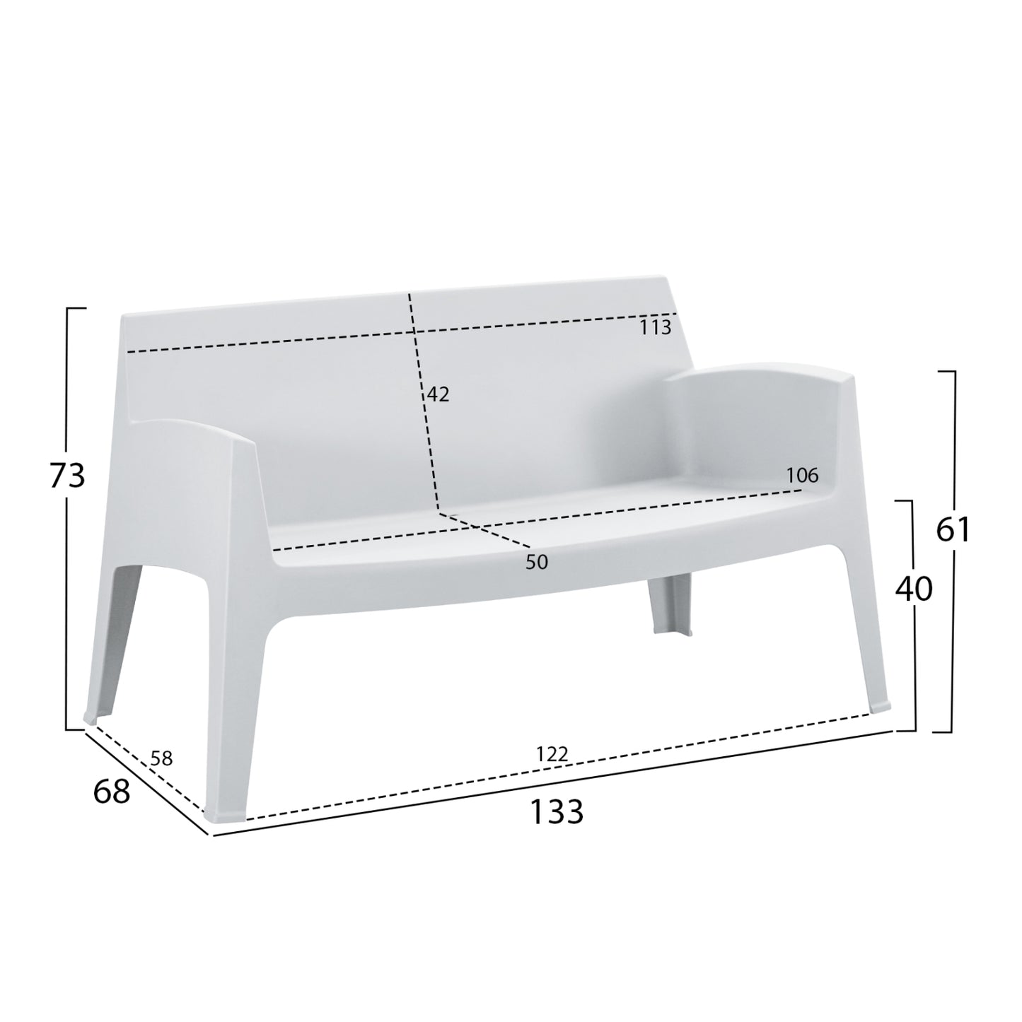 POLYPROPYLENE 2-SEATER SOFA SLEEK HM6366.01 WHITE COLOR 133x68x73Hcm.