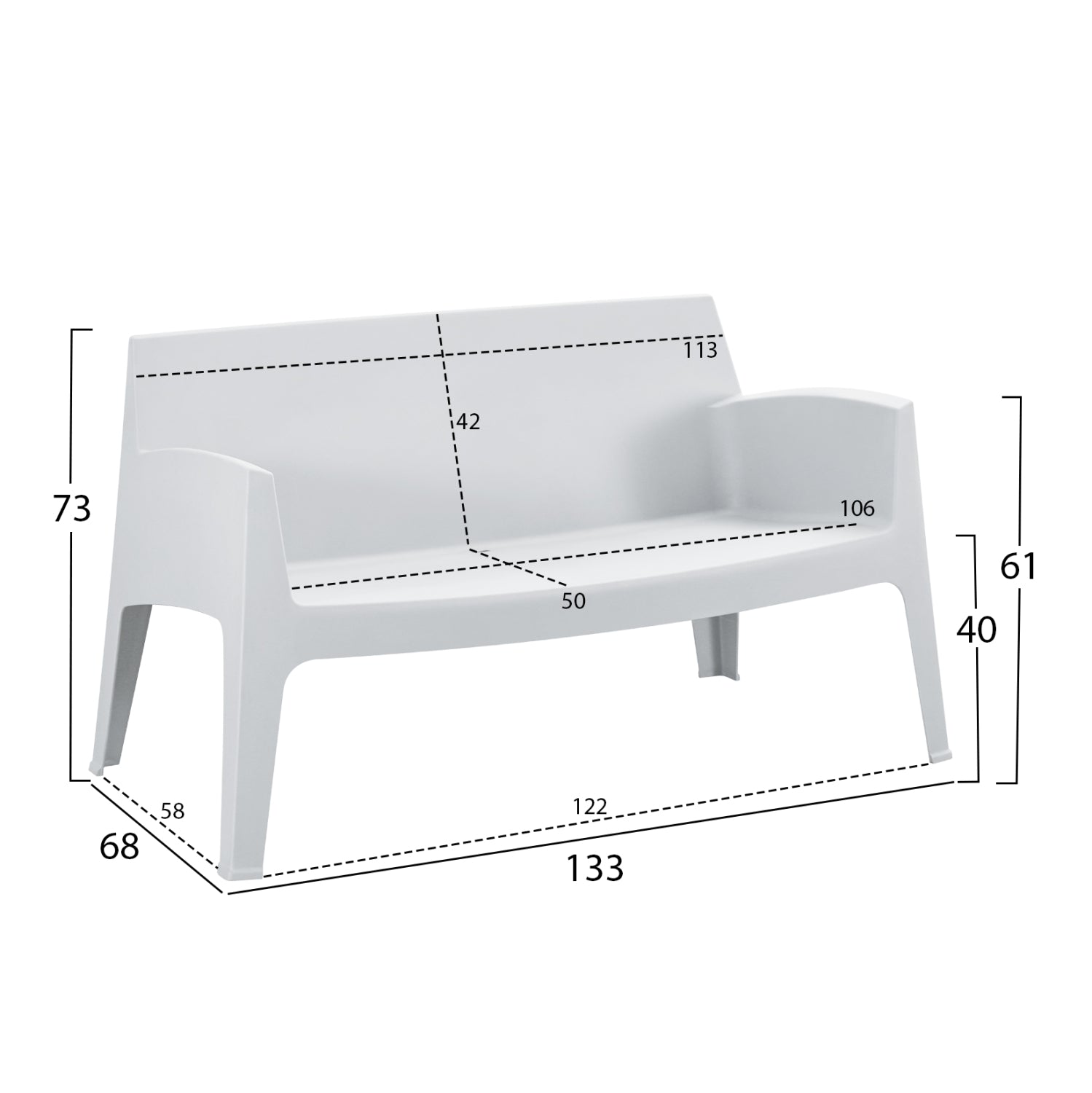 POLYPROPYLENE 2-SEATER SOFA SLEEK HM6366.01 WHITE COLOR 133x68x73Hcm.