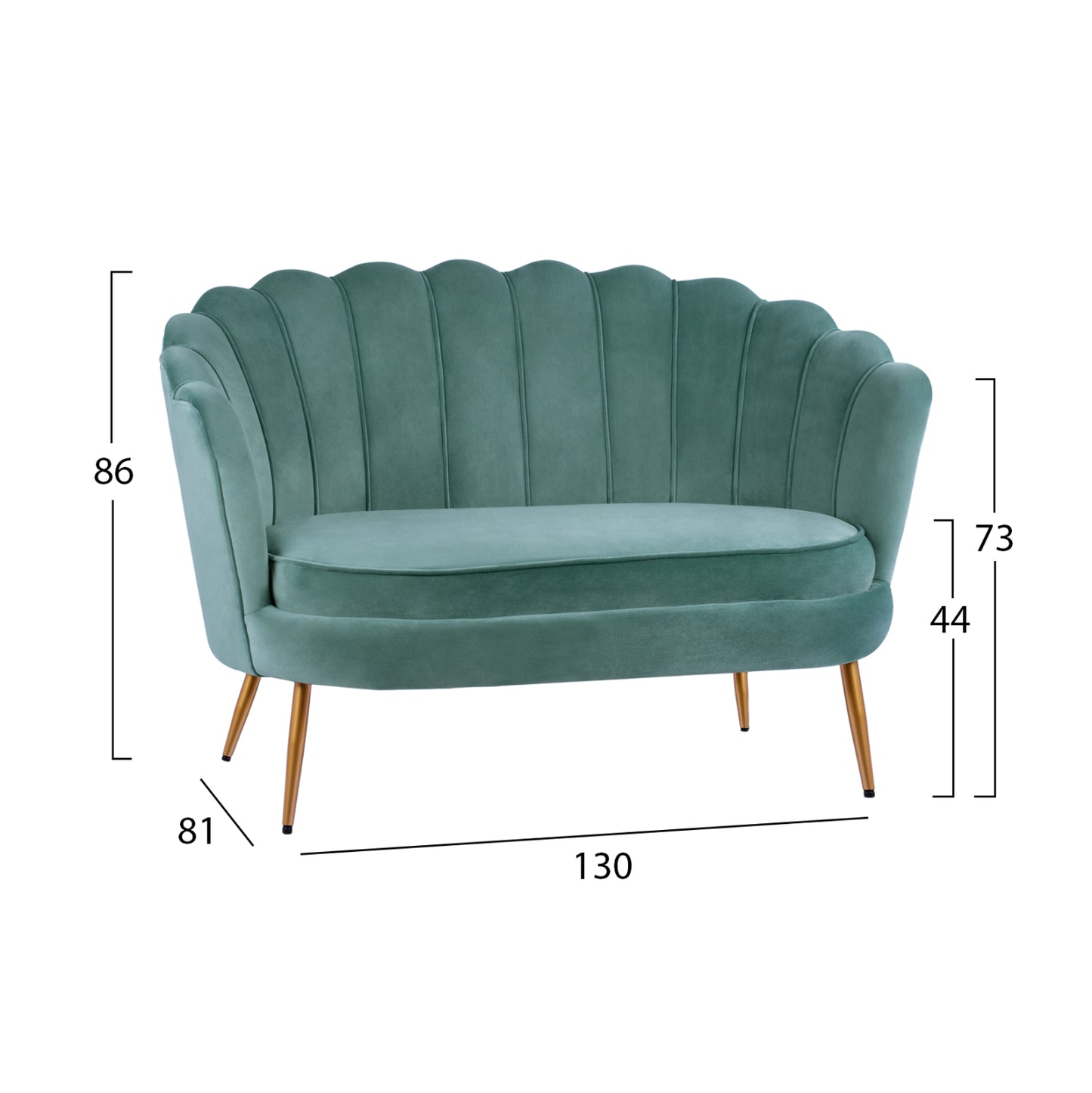 Sofa 2 seater Coquille HM8627.07 from peanut color with gold legs 130x77x83cm