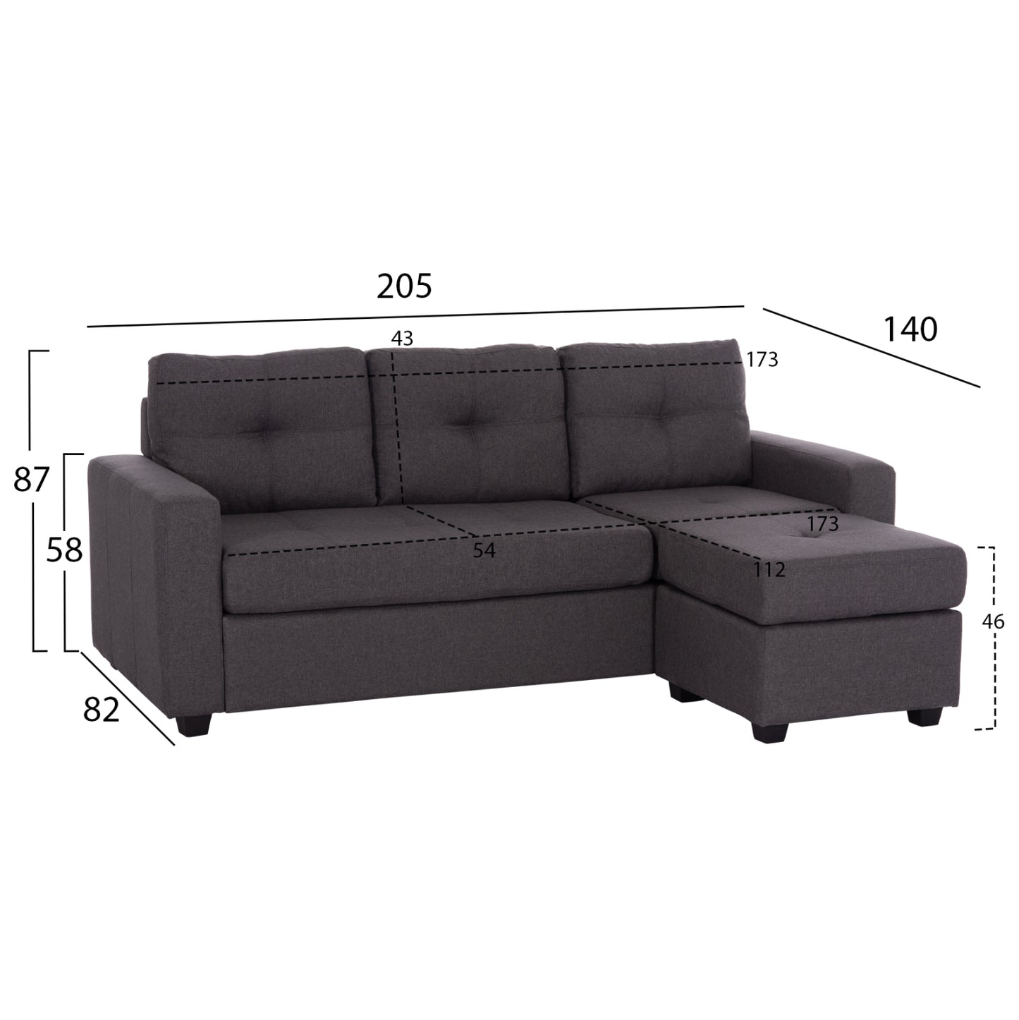 Reversible Corner Sofa PAGE HM3004.02 in Grey Fabric 205x82-140x87H cm.