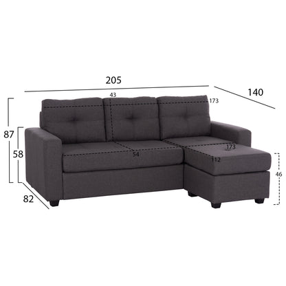 Reversible Corner Sofa PAGE HM3004.02 in Grey Fabric 205x82-140x87H cm.