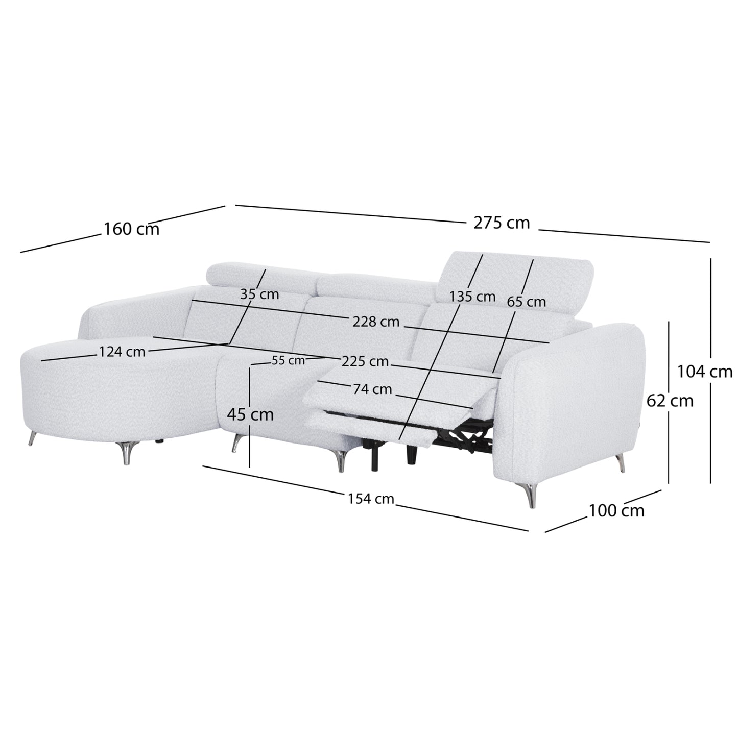 LEFT CORNER 3-SEAT SOFA WITH RECLINE VALENTE HM3317.01L LIGHT GREY FABRIC 275x160x104H