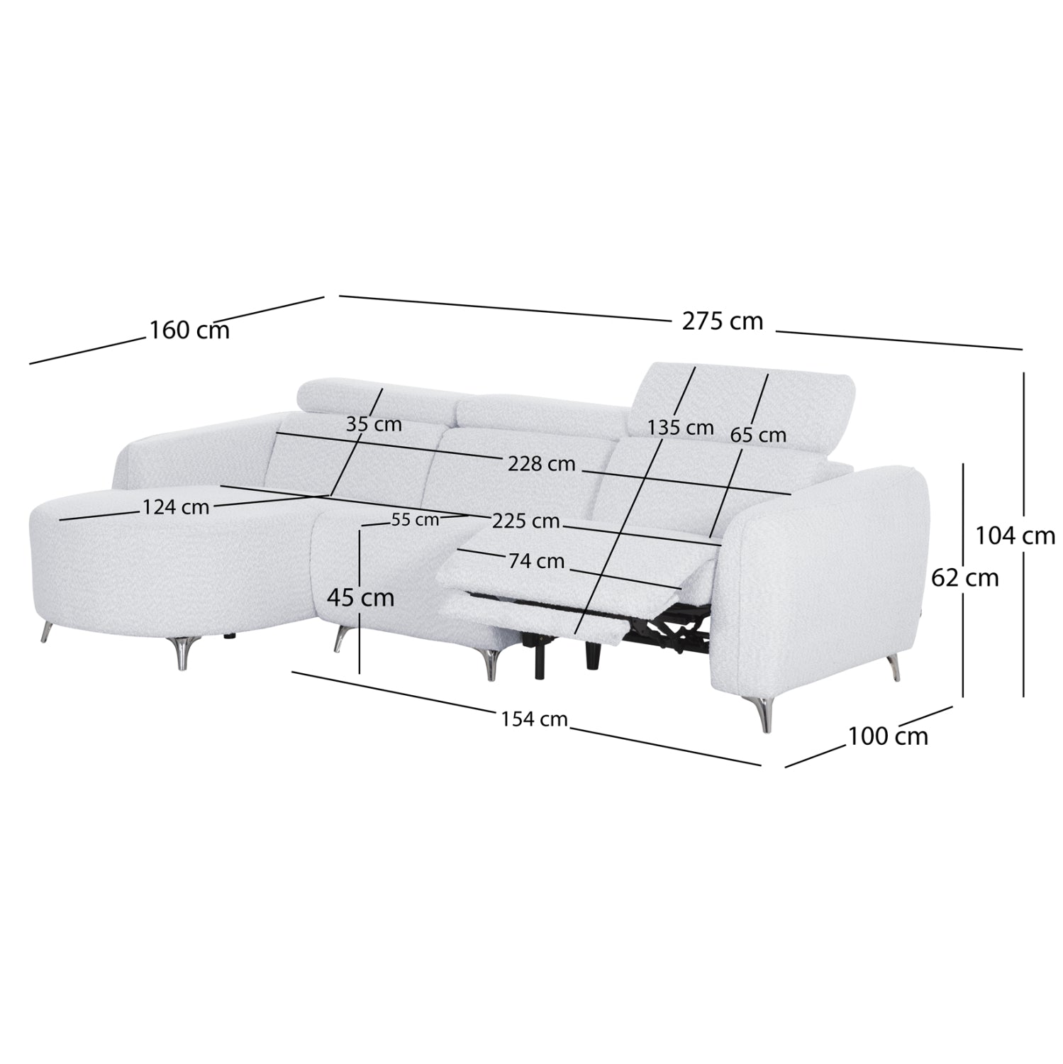 LEFT CORNER 3-SEAT SOFA WITH RECLINE VALENTE HM3317.01L LIGHT GREY FABRIC 275x160x104H