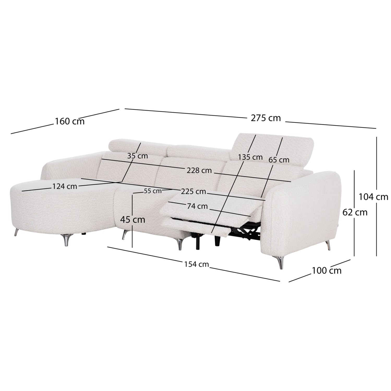LEFT CORNER 3-SEAT SOFA WITH RECLINE VALENTE HM3317.02L BEIGE FABRIC 275x160x104H