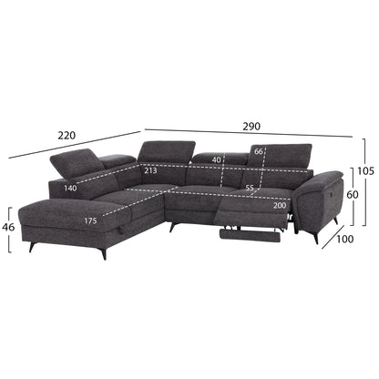 SOFA LEFT CORNER-RECLINE & STORAGE SPACE RESTRO HM3339.01L GREY FABRIC 290x220x80Hcm.