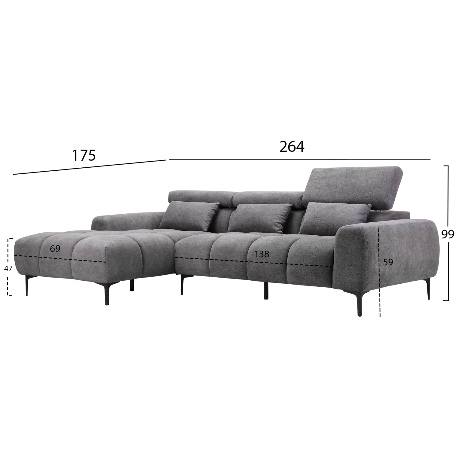 CORNER SOFA LEFT DIVYA HM3267.12L GREY FABRIC 264x175x99Hcm.