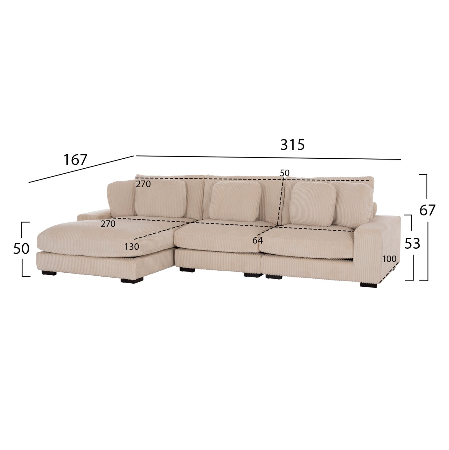 CORNER SOFA LEFT CRANFIELD HM3287.02L BEIGE CORD FABRIC 315x167(corner)x67Hcm.