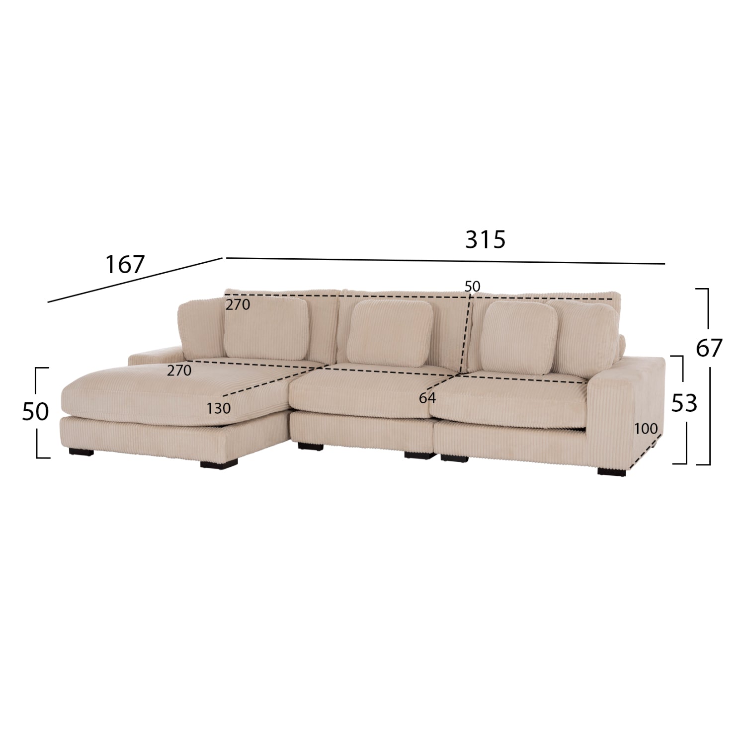 CORNER SOFA LEFT CRANFIELD HM3287.02L BEIGE CORD FABRIC 315x167(corner)x67Hcm.