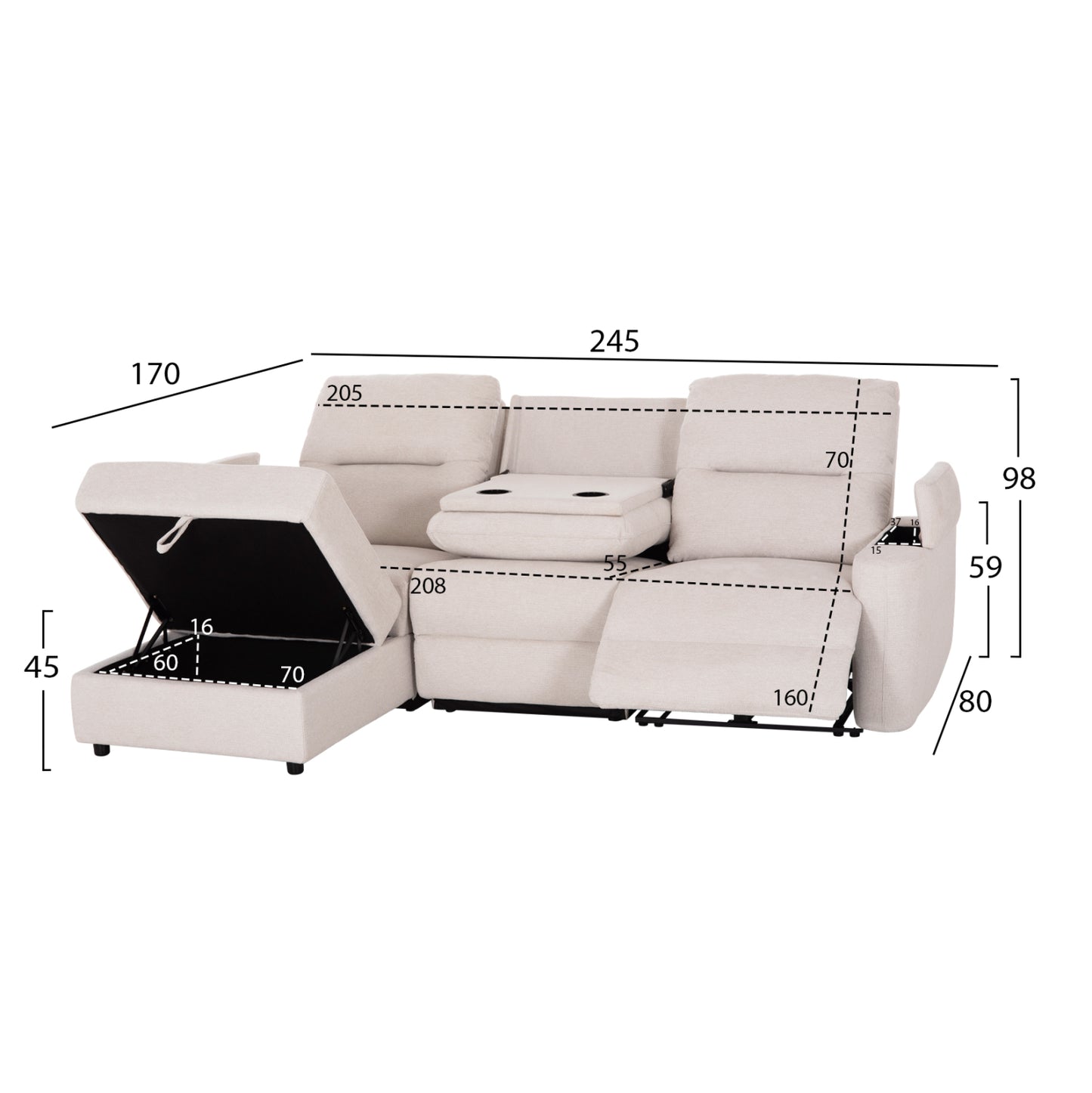 LEFT CORNER SOFA SYNTHIA HM3308.01L RECLINE & STORAGE SPACE--BEIGE FABRIC 245x170x98Hcm.