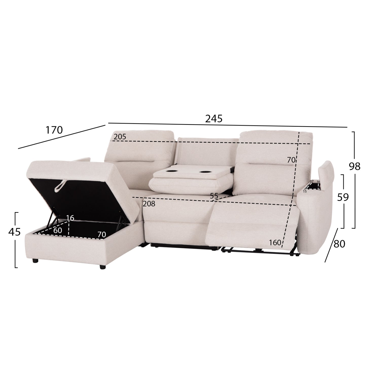 LEFT CORNER SOFA SYNTHIA HM3308.01L RECLINE & STORAGE SPACE--BEIGE FABRIC 245x170x98Hcm.