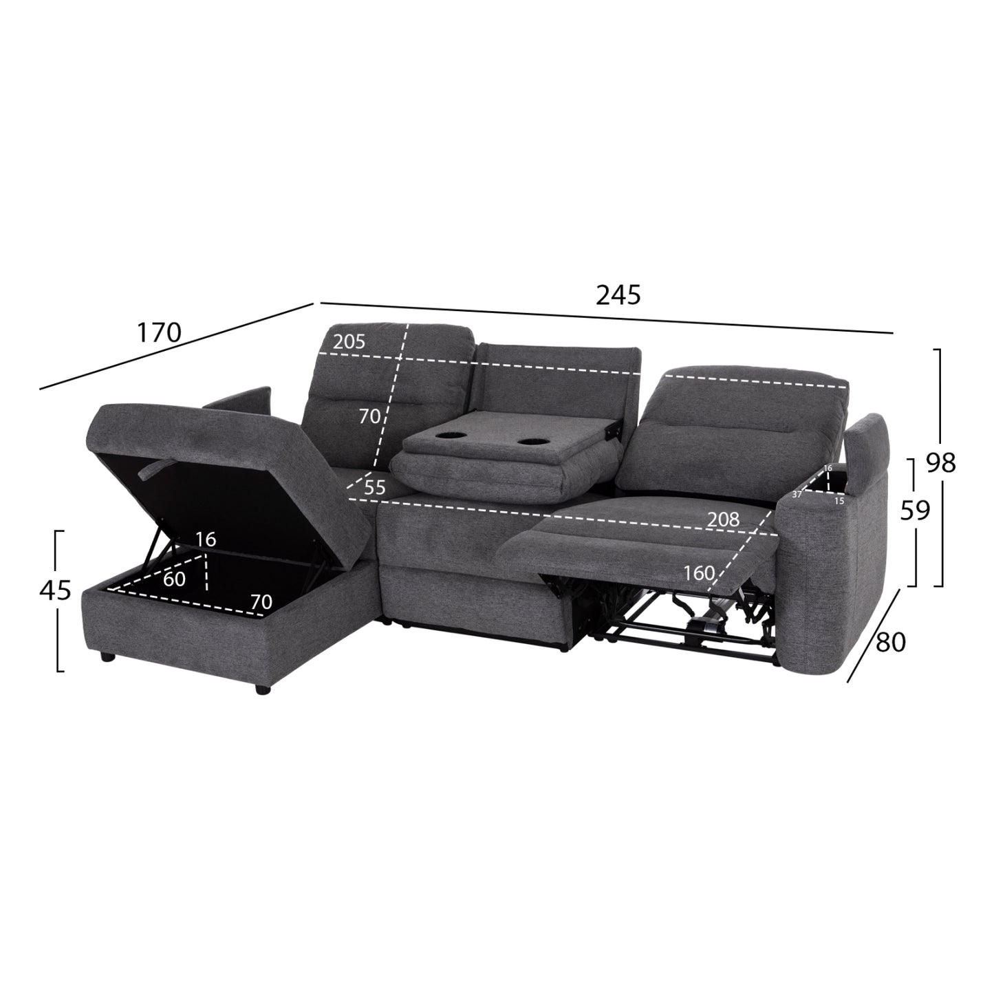 LEFT CORNER SOFA SYNTHIA HM3308.03L RECLINE & STORAGE SPACE--GREY FABRIC 245x170x98Hcm.