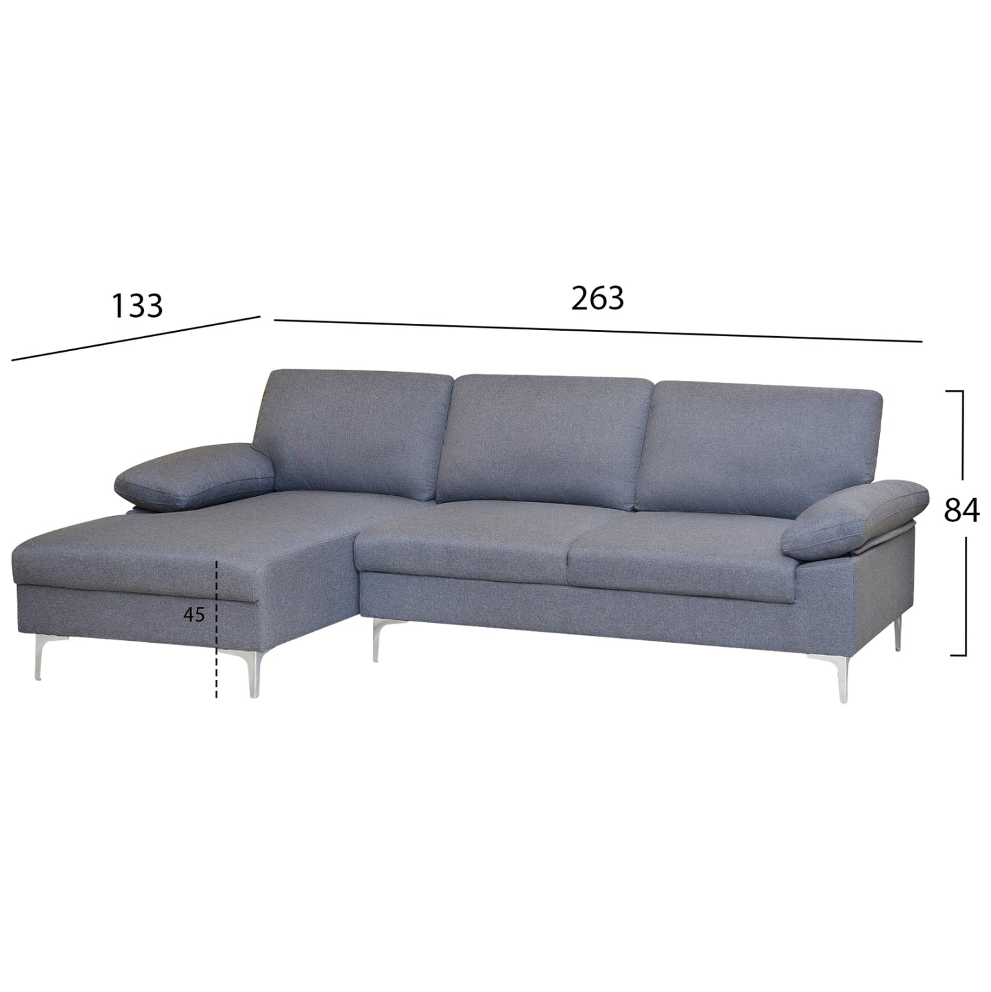 SOFA LEFT CORNER ANTON HM3340.01L GREY FABRIC--METAL LEGS 263x133x85Hcm