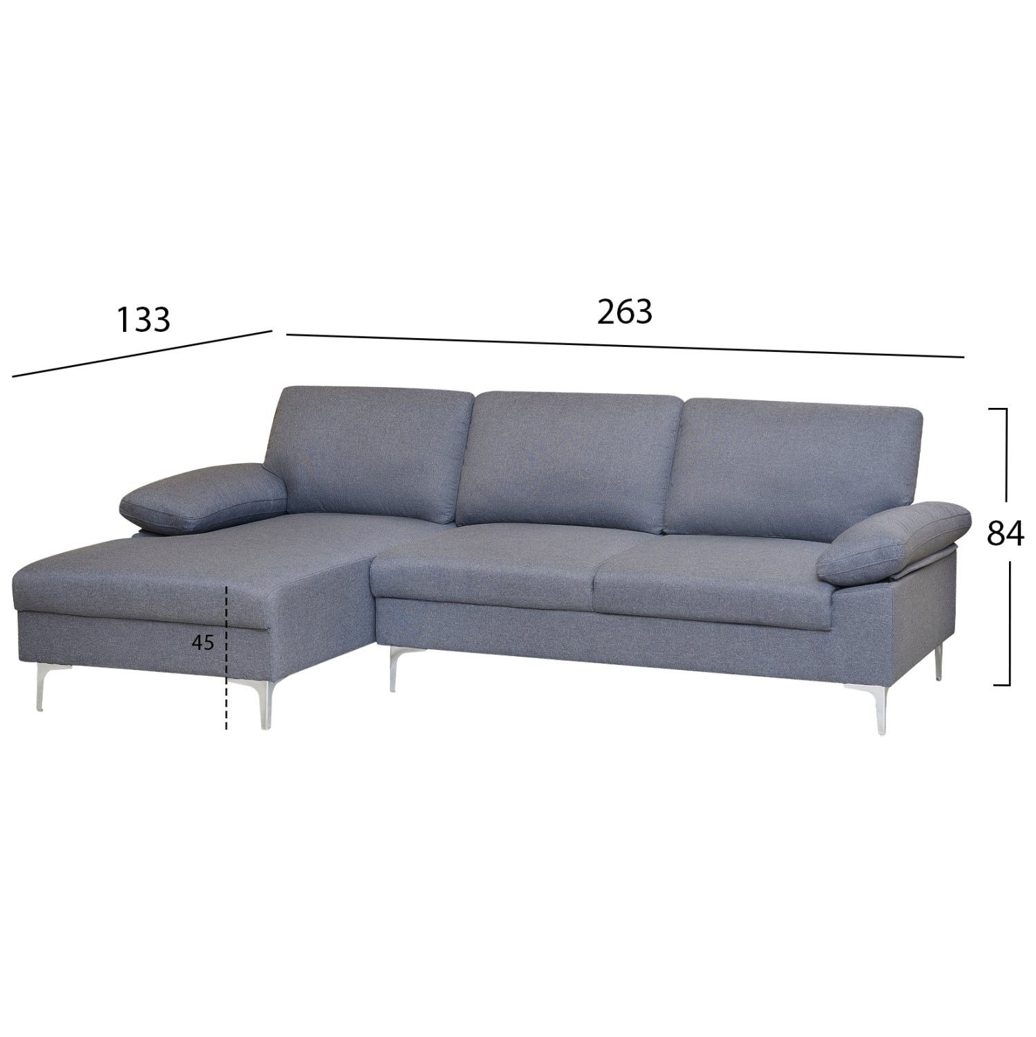 SOFA LEFT CORNER ANTON HM3340.01L GREY FABRIC--METAL LEGS 263x133x85Hcm